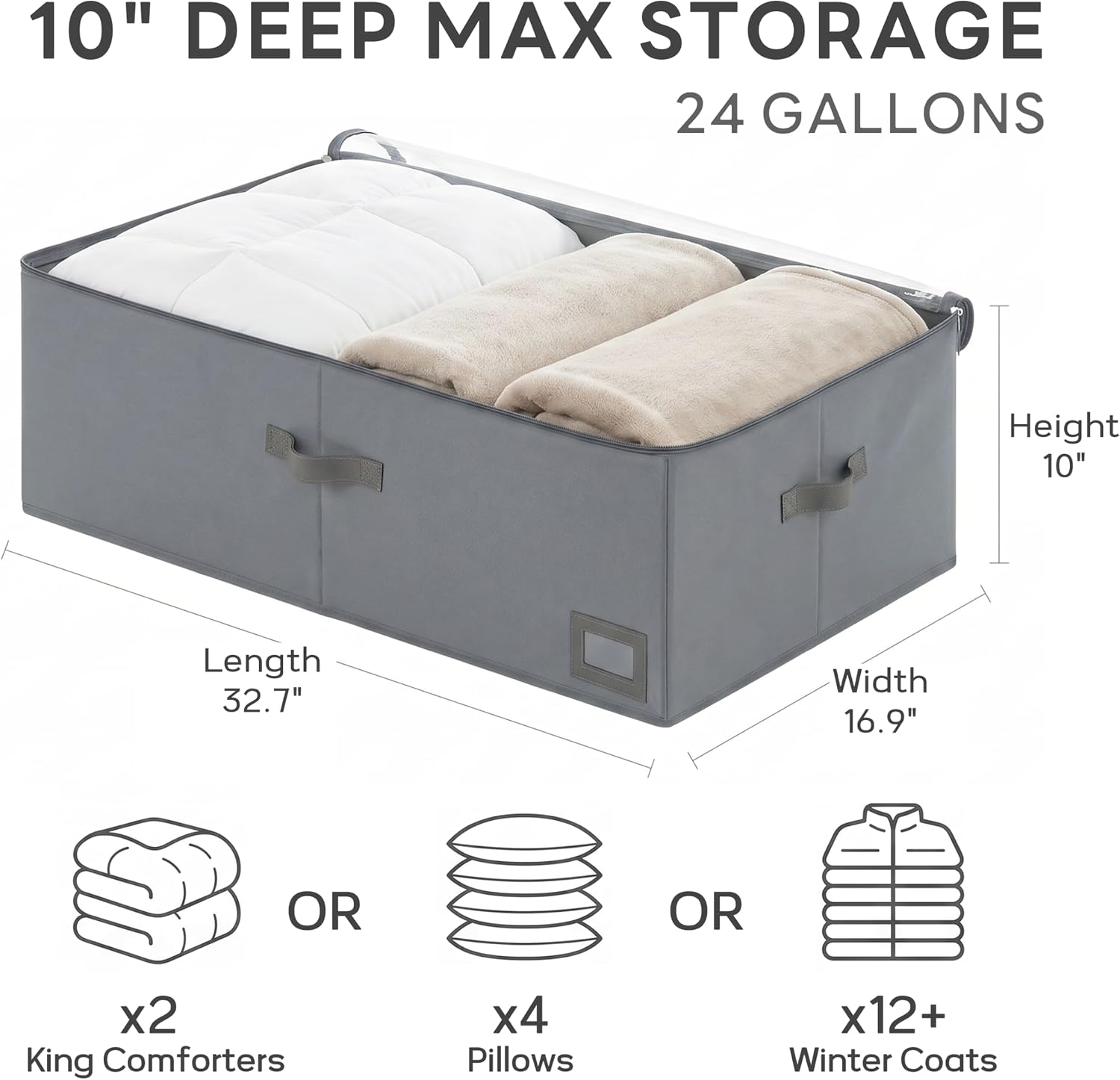 10" High Capacity Under Bed Storage Bins (3-Pack, Charcoal Grey), Deep 600D Heavy Duty Oxford Fabric Organizer Containers with Matching Vegan Leather Handles for Comforters, Pillows & Blankets image 2