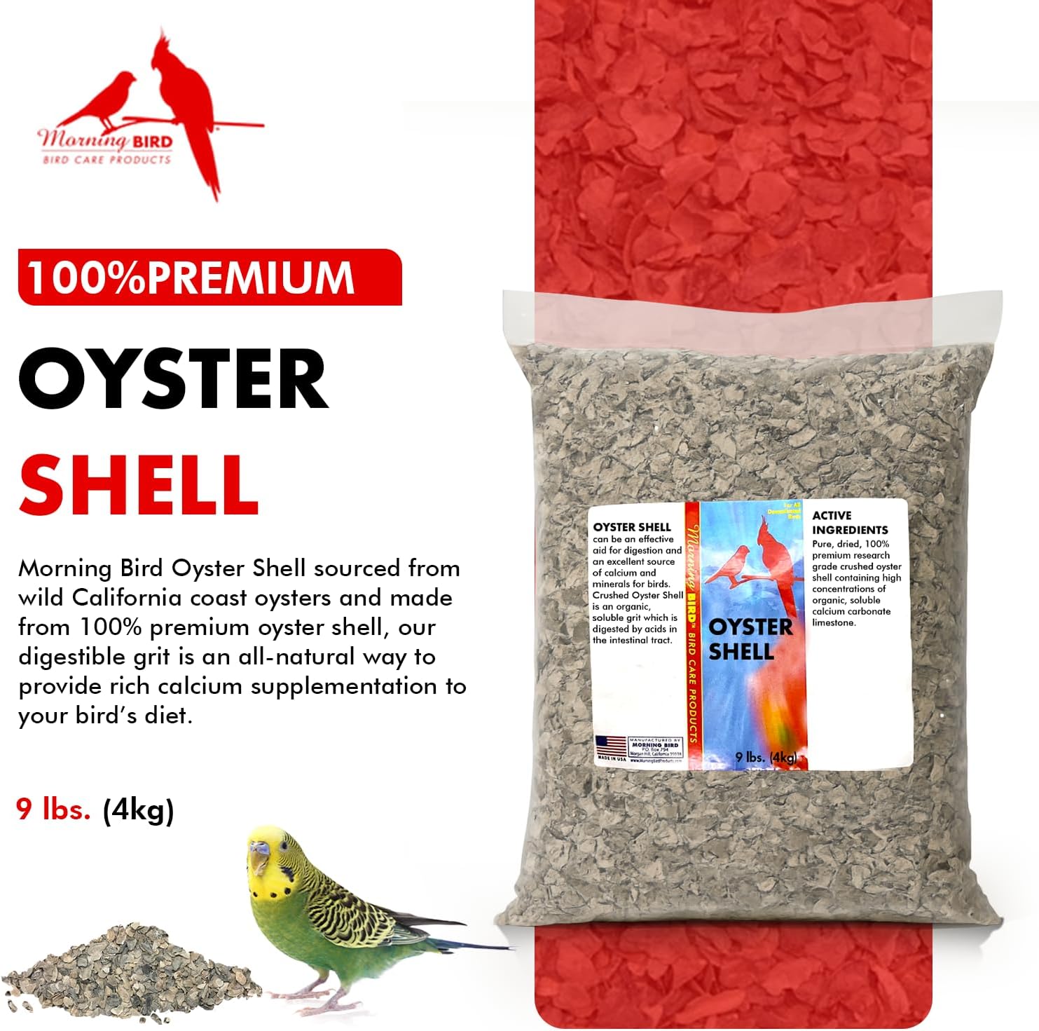 Morning Bird Oyster Shell for Birds 9 lbs - Natural Calcium Supplement – Sustainably Harvested from California Coast - Easy Add to Favorite Mix - Safe Year-Round Bird Food Additive