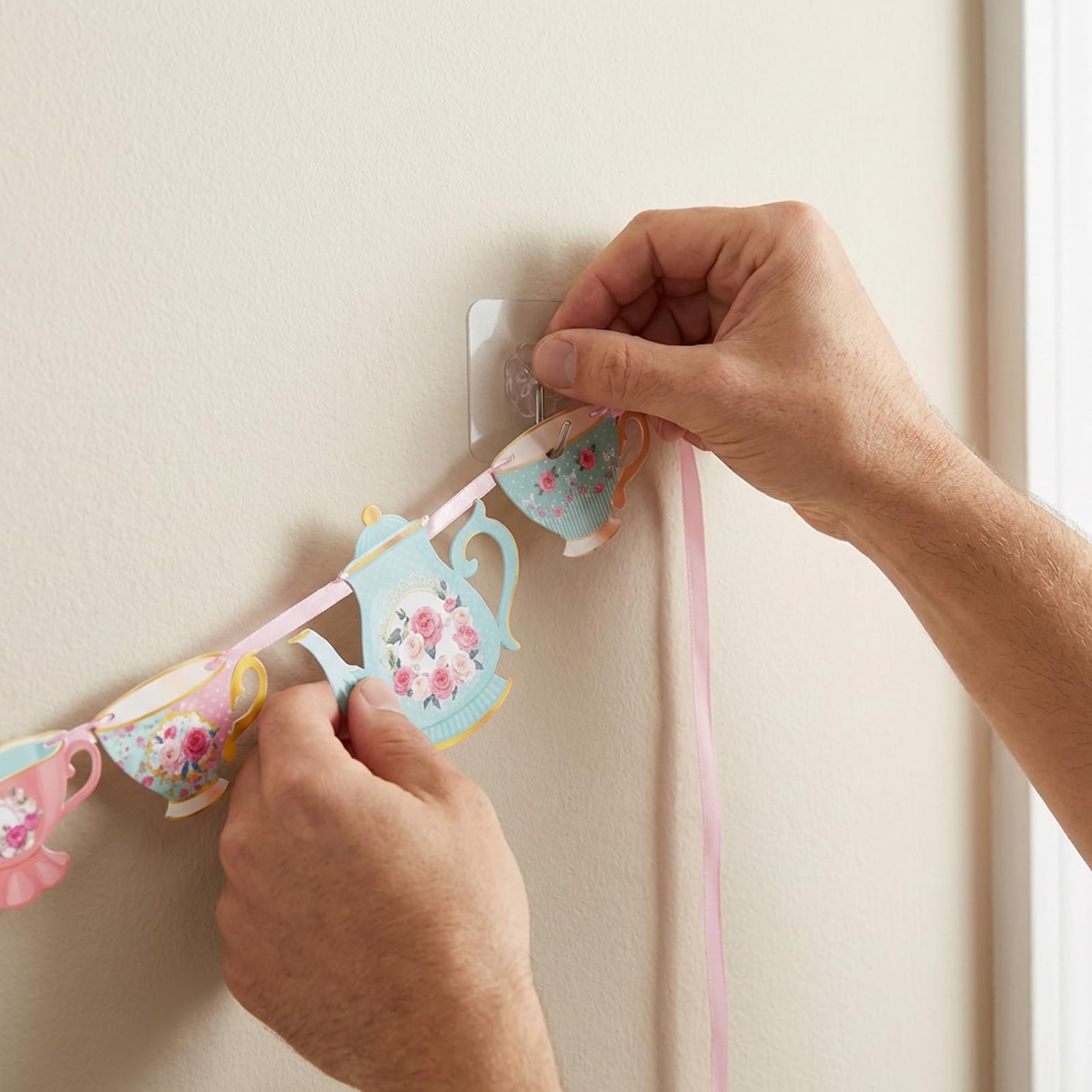 Vintage Tea Party Decorations Banner - Elegant Afternoon Tea Time Bunting with Floral Design for Adult Party, Bridal Shower & Home Decor (Pink & Mint Green) — view 7