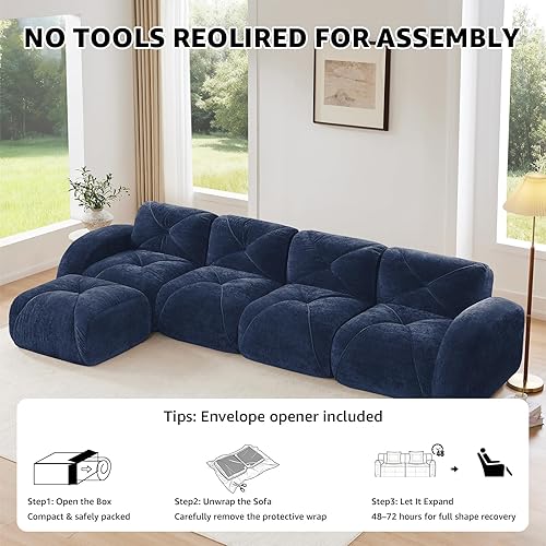 Miniatura 4 de Sofás seccionales azules para sala de estar, sofá de tela de terciopelo sin hueso en una caja, no requiere montaje, sofá modular de nube, sofá de