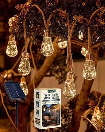 Boho Fairy String Lights Solar Outdoor Patio Garden Decor Cute Waterproof USB Shatterproof Bulbs 8 Modes Solar Powered Outside String Lights Vintage Warm White Backyard Night Lamp Party Bedroom Gift