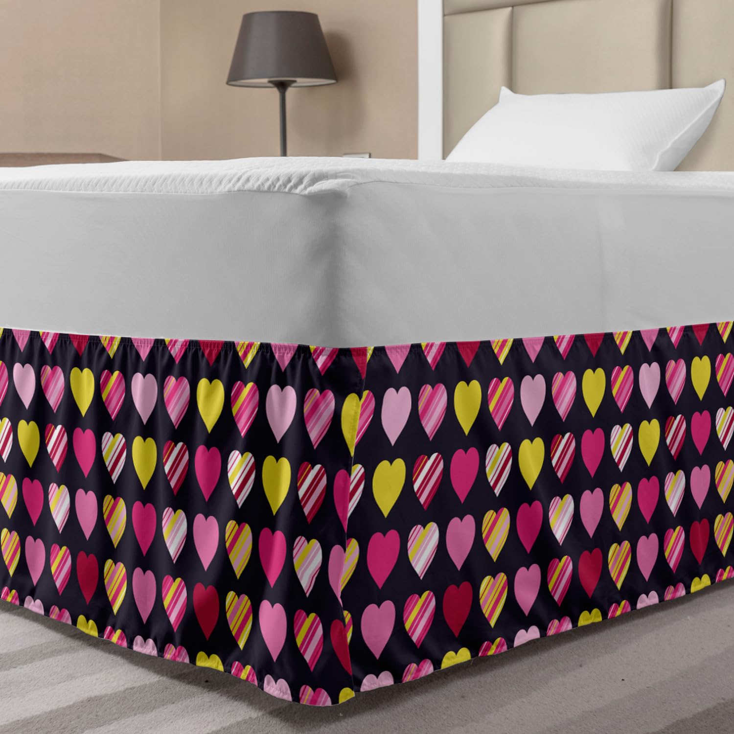 Lunarable Valentines Day Bed Skirt Colorful Diagonally Striped Heart on Black Backdrop Charming Elastic Bedskirt Dust Ruffle Wrap