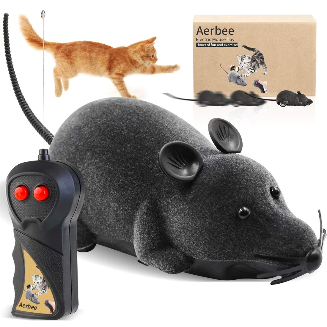 Aerbee Remote Control Rat Toy, Electronic RC Mouse Toy Emulation Flocking Rat Toy Interactive Cat Toys Pet Toys Funny Wireless Chasing Prank Joke Scary Trick Rats Animal for Pets Novelty Gift