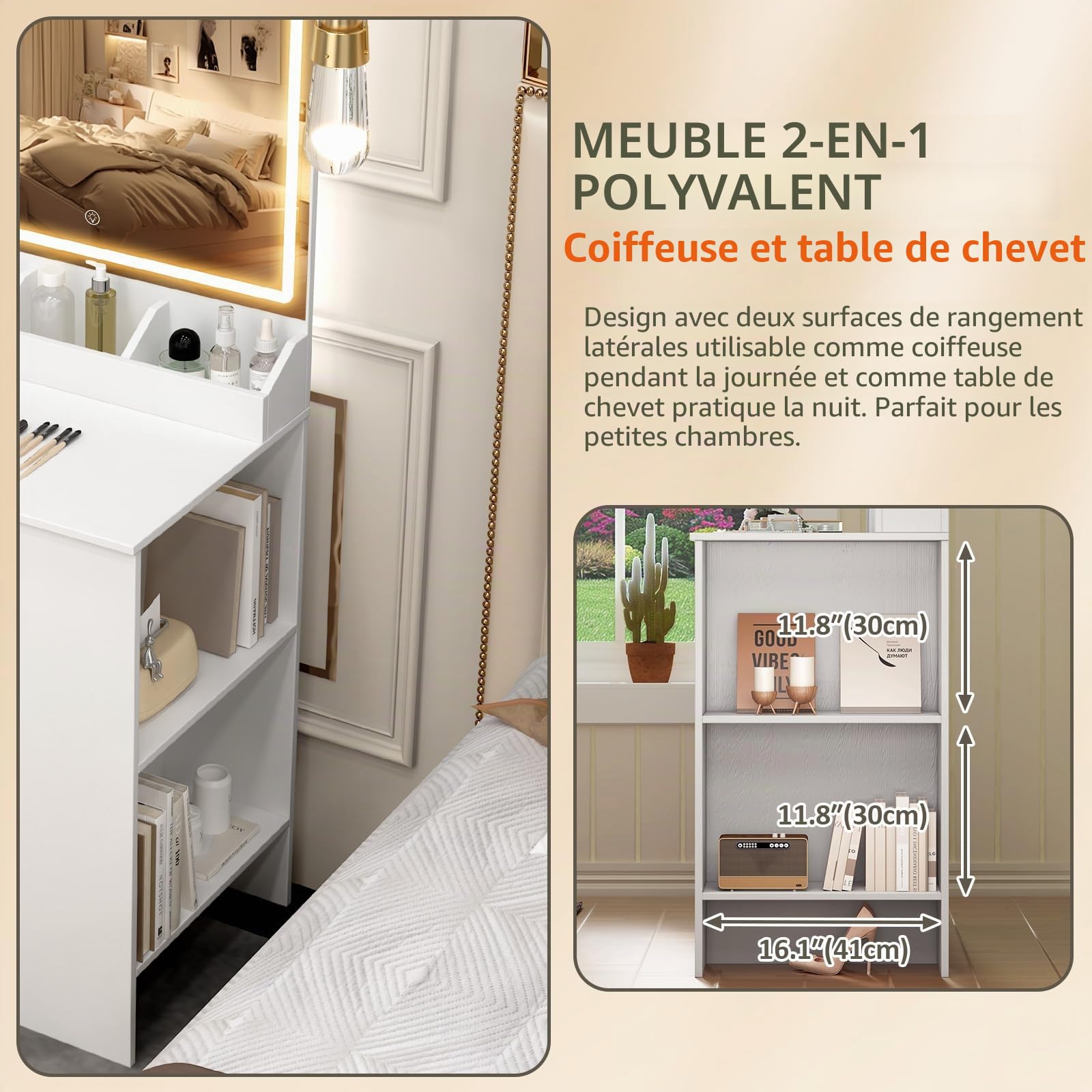 Coiffeuse avec Miroir LED Blanche - Coiffeuse avec 4 tiroirs et étagères de Rangement latérales, 90 cm Moderne Poignées Diamant