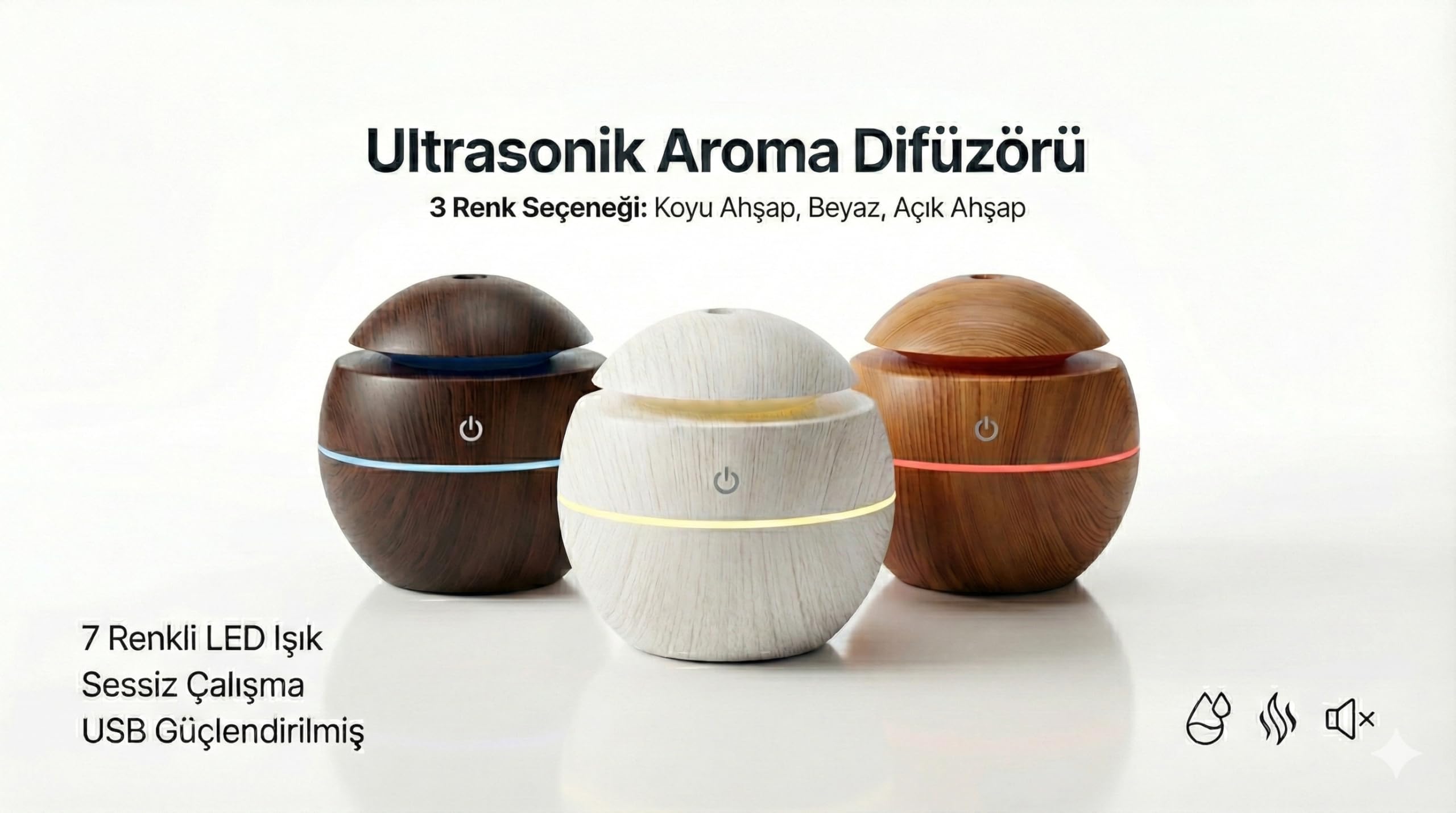 Vios Store Ultrasonik Hava Nemlendirici ve Aroma Difüzörü - 3 Farklı Renk Seçeneği (Beyaz, Açık ve Koyu Ahşap) - Küre Tasarım Buhar Makinesi, LED Işıklı ve Sessiz Oda Kokusu Yayıcı (USB) (KOYU AHŞAP)