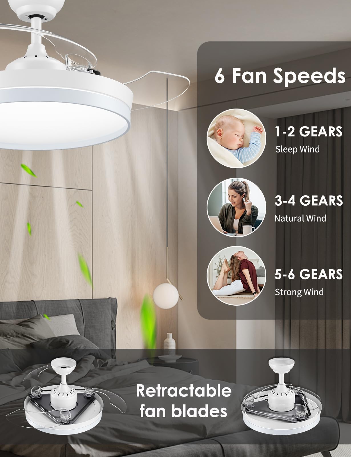 CJOY Ventilatore da Soffitto Retrattile con Luce e Telecomando, Ventilatore da Soffitto Scalabile Bianco 107 cm, Lampadario Ventilatore Soffitto Invisibile 3 Pale, 6 Velocità, DC Reversibile