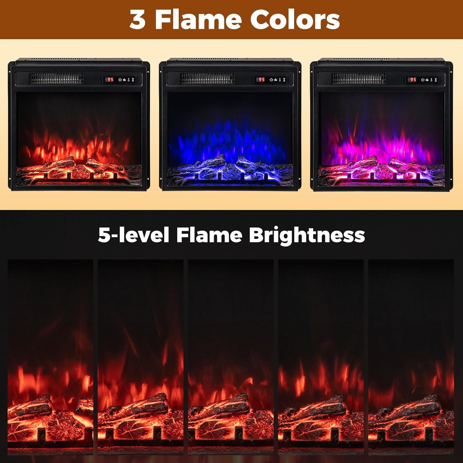 COSTWAY 18-inch Electric Fireplace Insert, 750W/1500W Fireplace Heater with Remote Control, Adjustable Flame Colors and Brightness, 9H Timer, Overheat Protection