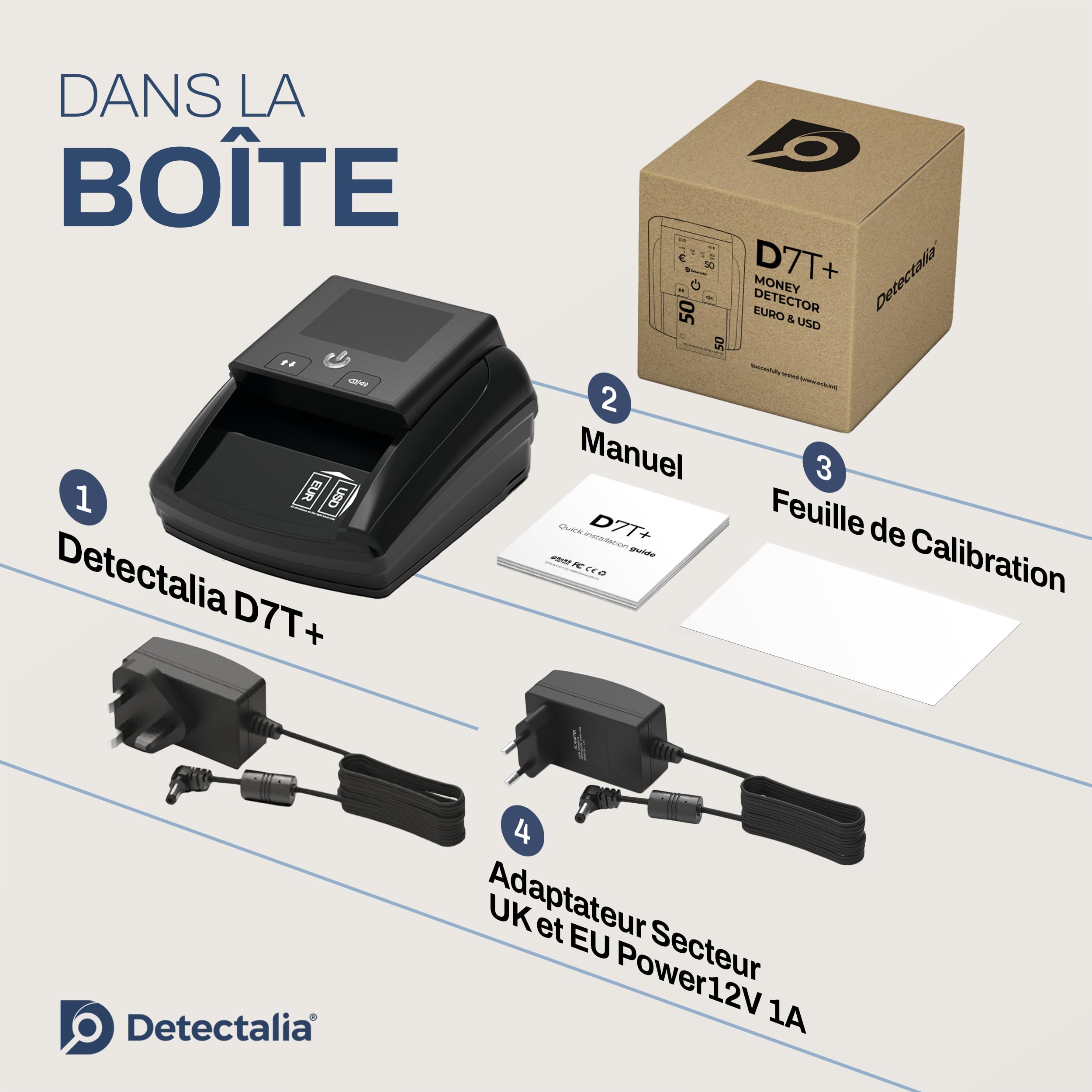 Detecteur Faux Billets, Euros et usd Dollar Detectalia D7T+ - Compteuse de Billets Un par Un, Faux Billets, Euros 100% Certificat ecb.int