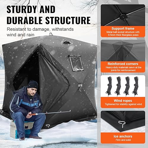Miniatura 3 de VEVOR Portable Pop-Up Tent, 1-8 Person Insulated Shelter, Large Fishing Area, Hub-Style Shanty for Winter Fishing, Waterproof Oxford Ice Cube with
