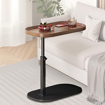 Adjustable Height C Shaped Side Table, Lift up Laptop Tv Tray for Sofa and Bedside, 360 Swivel Small Coffee C Table, Modern Under Sofa Table, Narrow Dinner Desk for Living Room Snack TeaWalnut