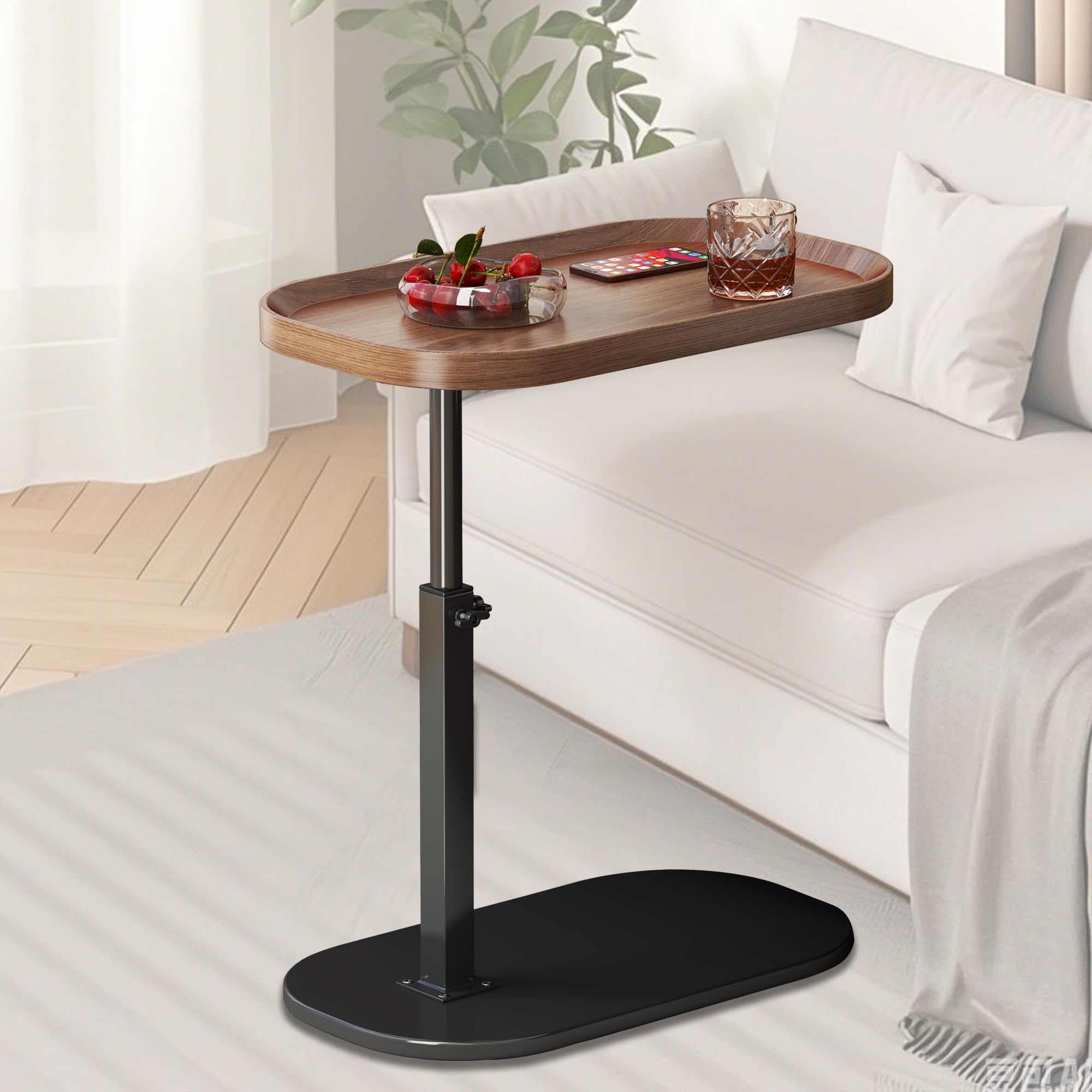Beistelltisch C Form Höhenverstellbar 30x45cm, Holz Klein Couchtisch Sofatisch mit 360° Drehbar, Ovaler Couch Sofa Bett Beistelltisch mit erhöhtem Rand, Side Table Laptoptisch für Wohnzimmer (Walnut)