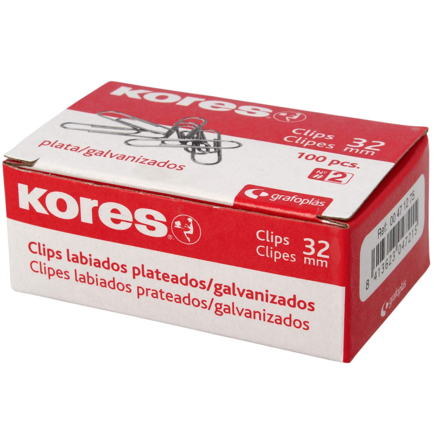 Kores 471275 Caja de Clips Galvanizados, Plateado, Nº 2 (32 mm)