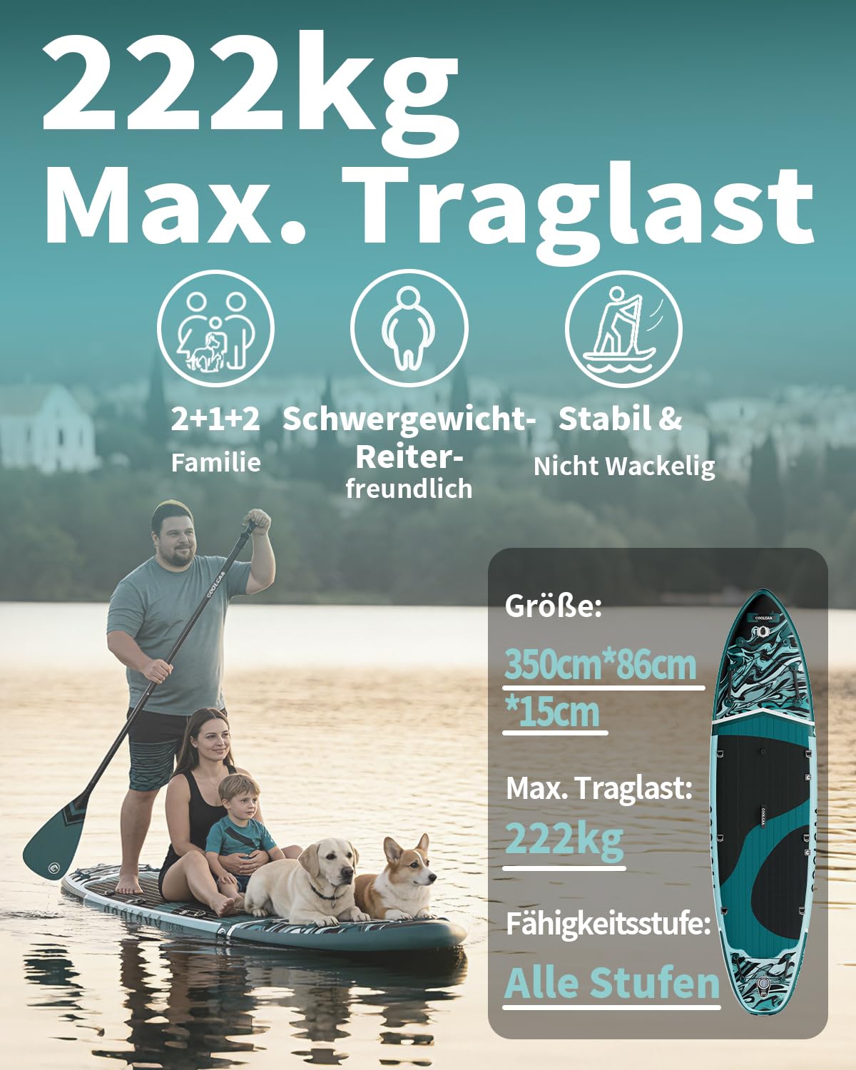 COOLCAA SUP Board, 355cm (Extra Groß) Stand Up Paddling Board, Aufblasbares Stand-Up Paddle Board mit 86cm Extra Breit, Fishing Paddleboard mit Zubehör & Tragetasche für Adults, 222 kg