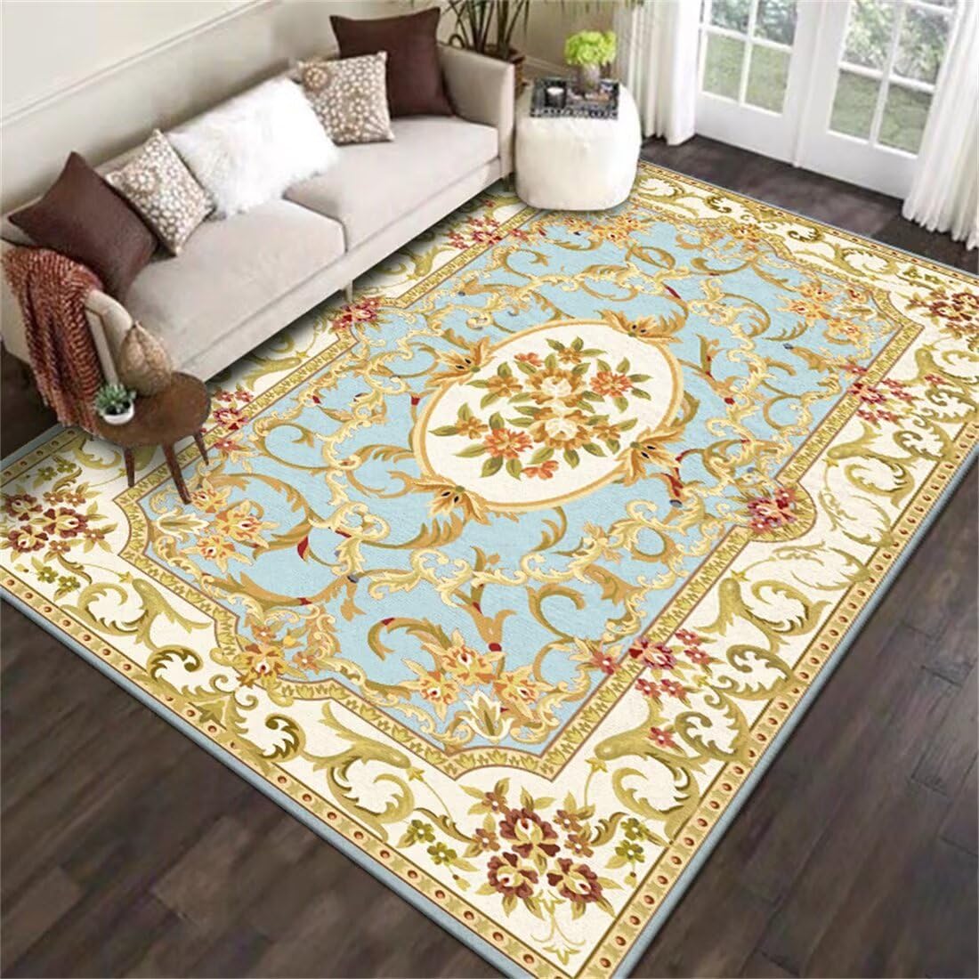 Tapis de salon 80x160cm motif fleurs bleu tapis confortable antidérapant chambre ado cuisine