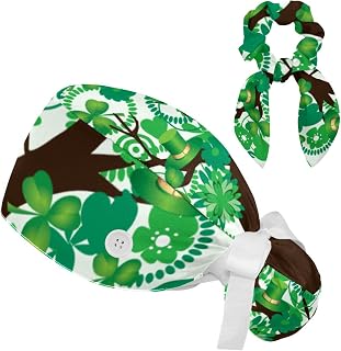 FVQL 2 Pieces Surgical Cap for Long Hair Scrub Cap with Hairband Nurse Cap, Tree Pattern and St. Patrick's Day