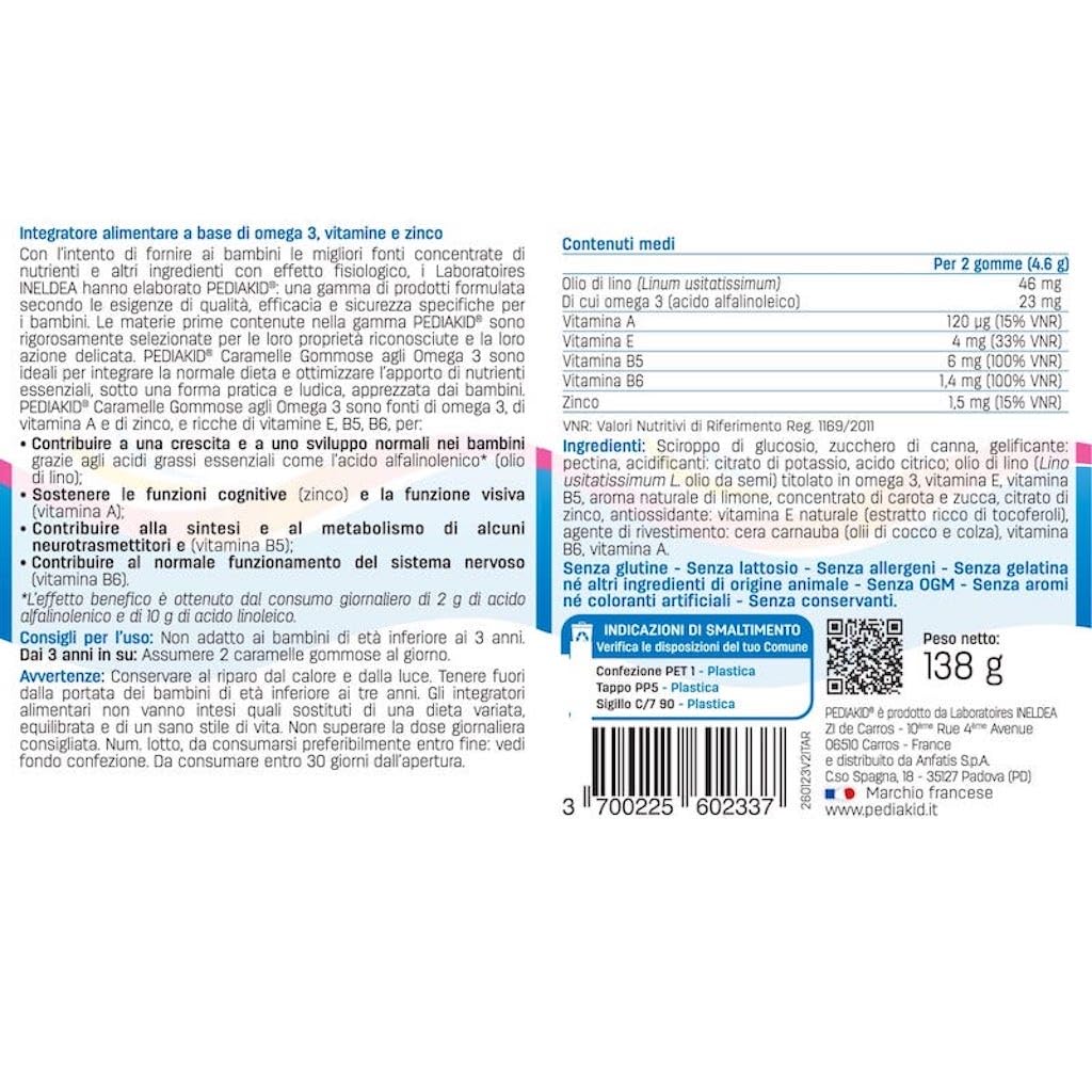 PEDIAKID - Caramelle Gommose Omega 3 - Formula naturale al delizioso aroma di Limone - Sostiene le funzioni cognitive - Contribuisce a una crescita e a uno sviluppo normali - 3 x 60 orsetti