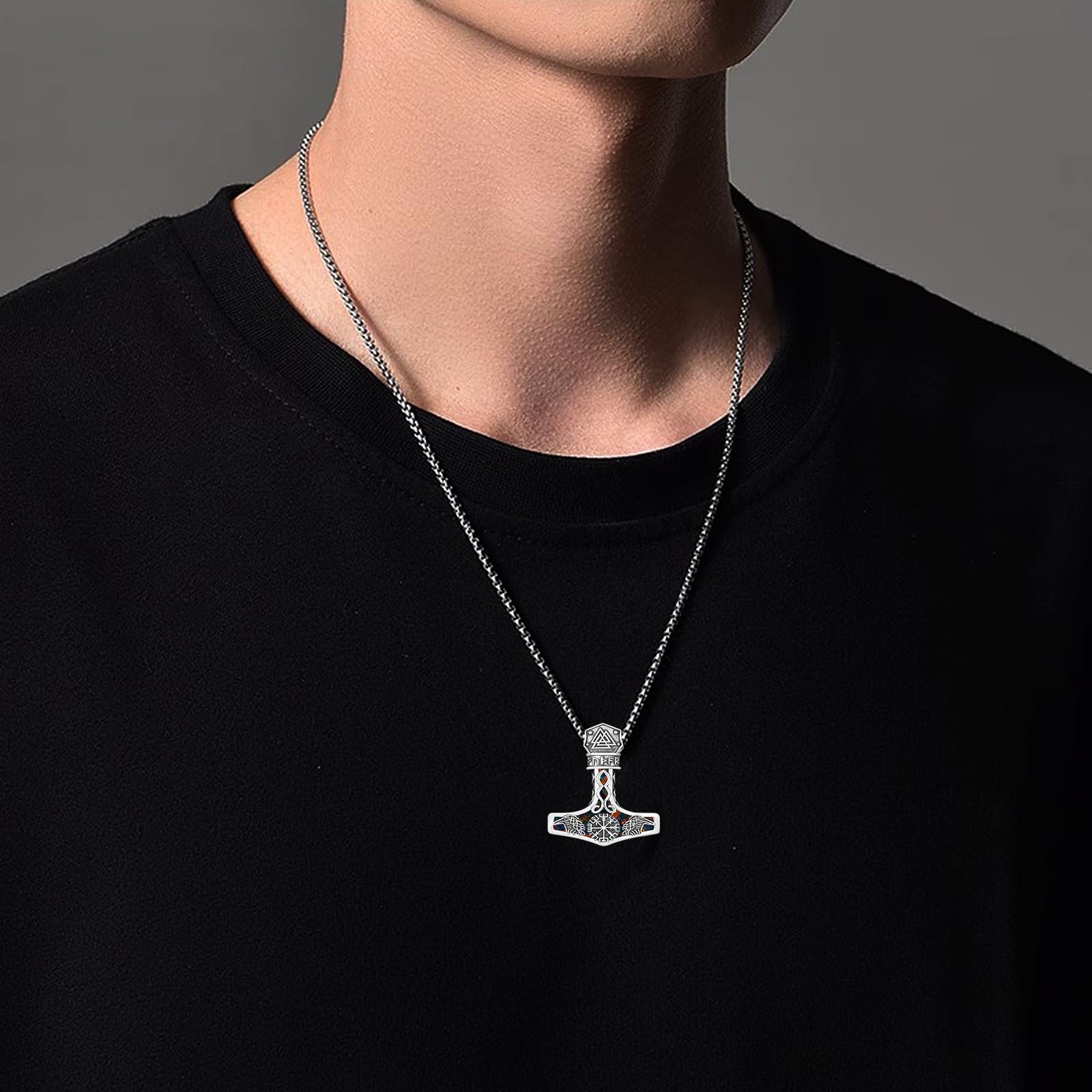 Mjolnir Halskette Sterling Silber Wikinger Kompass Anhänger Thor Hammer Rabe Halskette Nordische Runen Vegvisir Amulett Schmuck Geschenke für Frauen Männer