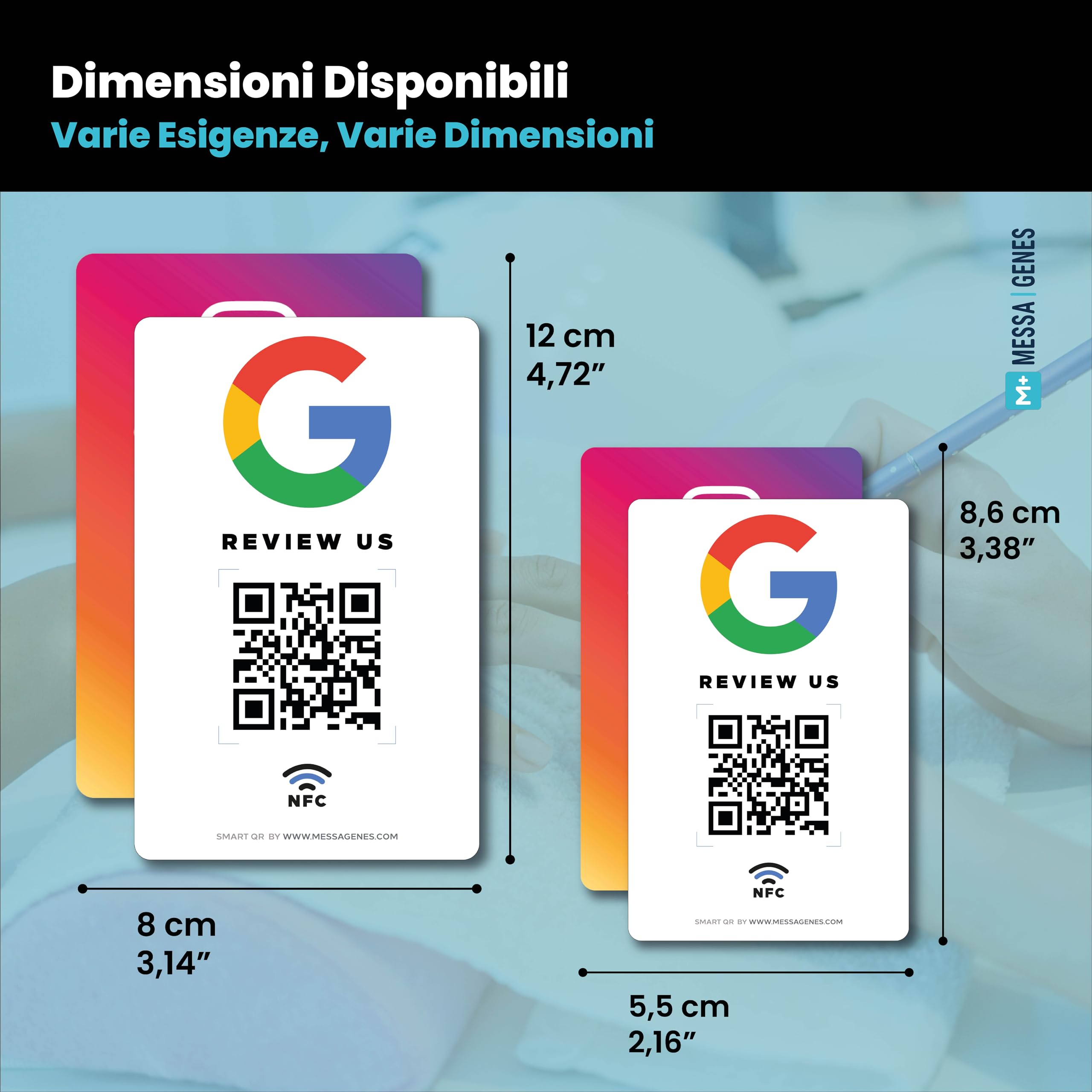 Carta Riutilizzabile per Recensioni Google con QR & NFC Toccabile - Pack 2 - iPhone & Android - Configura a Casa | MESSAGENES