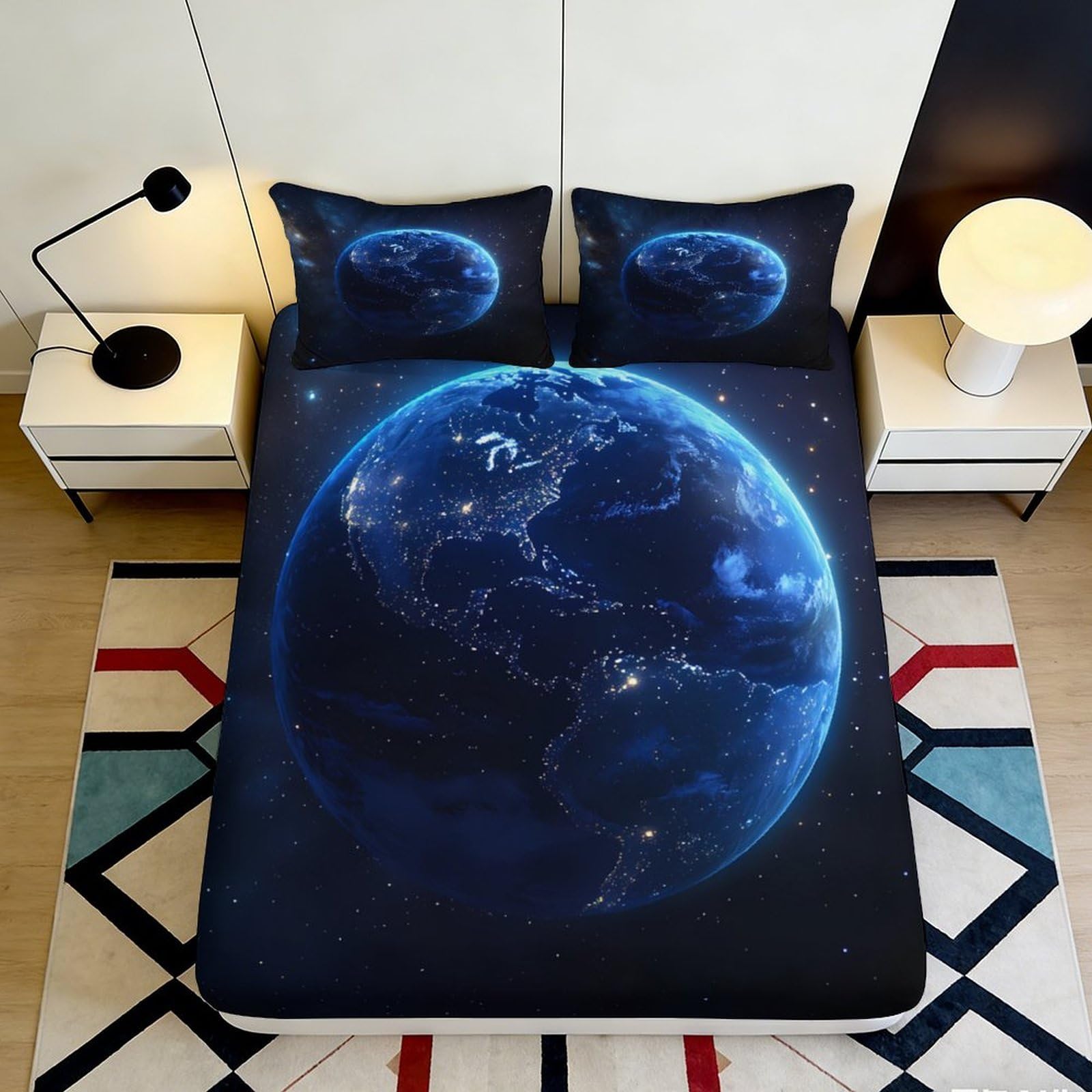 3D Printed Earth Night Sky Fitted Sheet Microfiber Soft Breathable Cosmic Globe Mattress Cover for Bedroom Dorm Decor 90x200x25cm