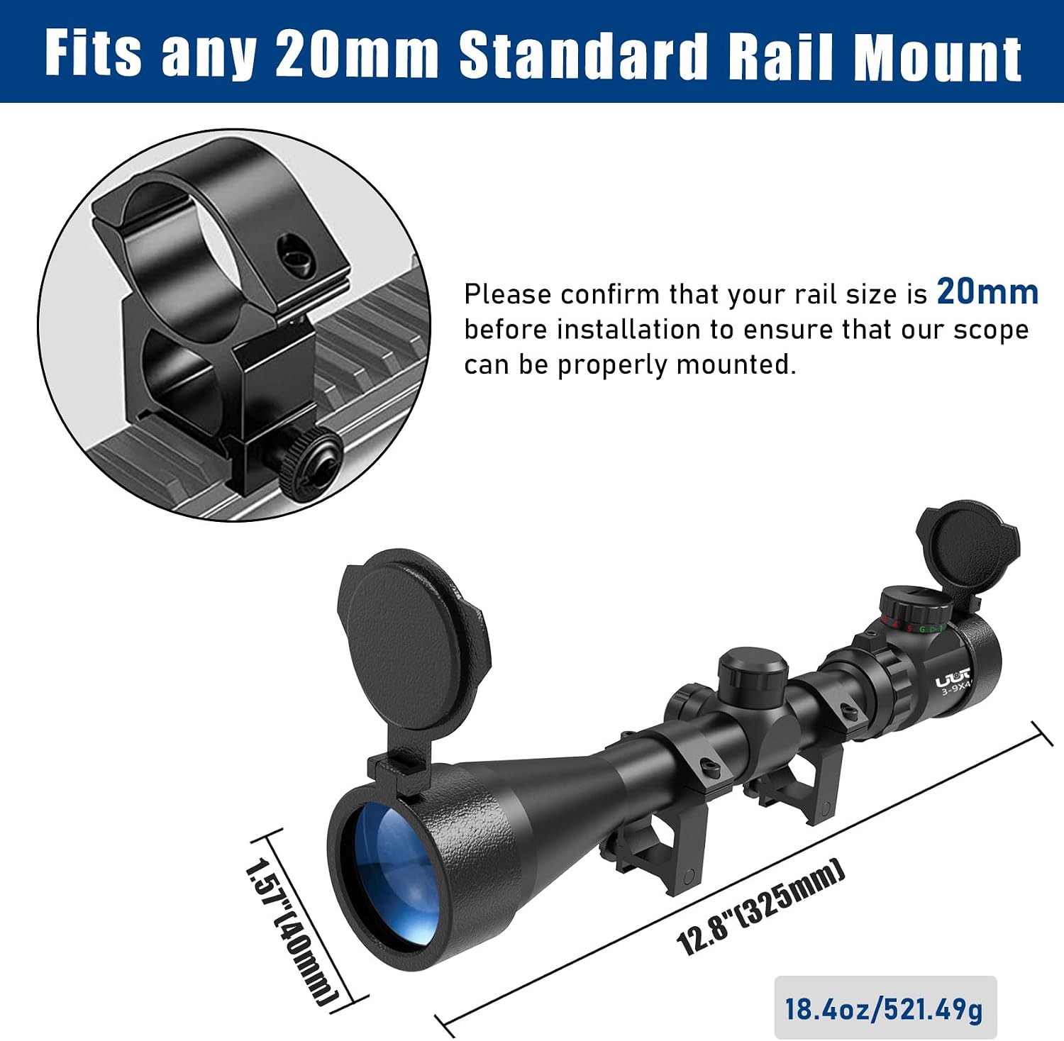 UUQ 3-9×40 Rifle Scope with Red/Green Illumination and Rangefinder Reticle-Fits 20mm Free Mounts,Waterproof and Fog-Proof