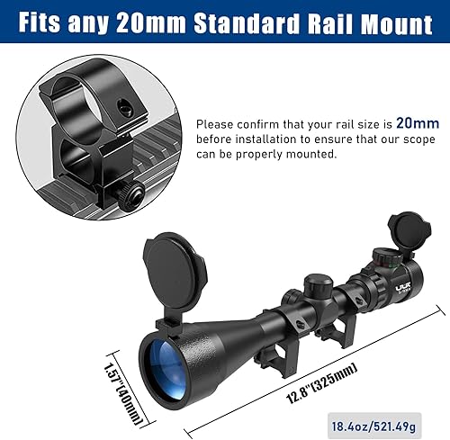 Miniatura 5 de UUQ Alcance de rifle de 3-9 × 40 con iluminación rojaverde y retícula de telémetro, se adapta a soportes libres de 0.787 in0.433 in, impermeable y a