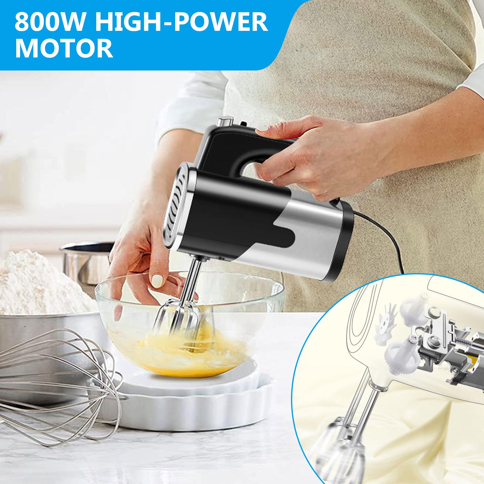 Vegena Sbattitore Elettrico 800W Frullatore A Mano, Frusta Elettrica Frullatore Manuale Elettrico, 5 Livelli Di Velocità, Dotato Di 2 Fruste, 2 Ganci Impastatori, Miscelatore Elettrico A Mano