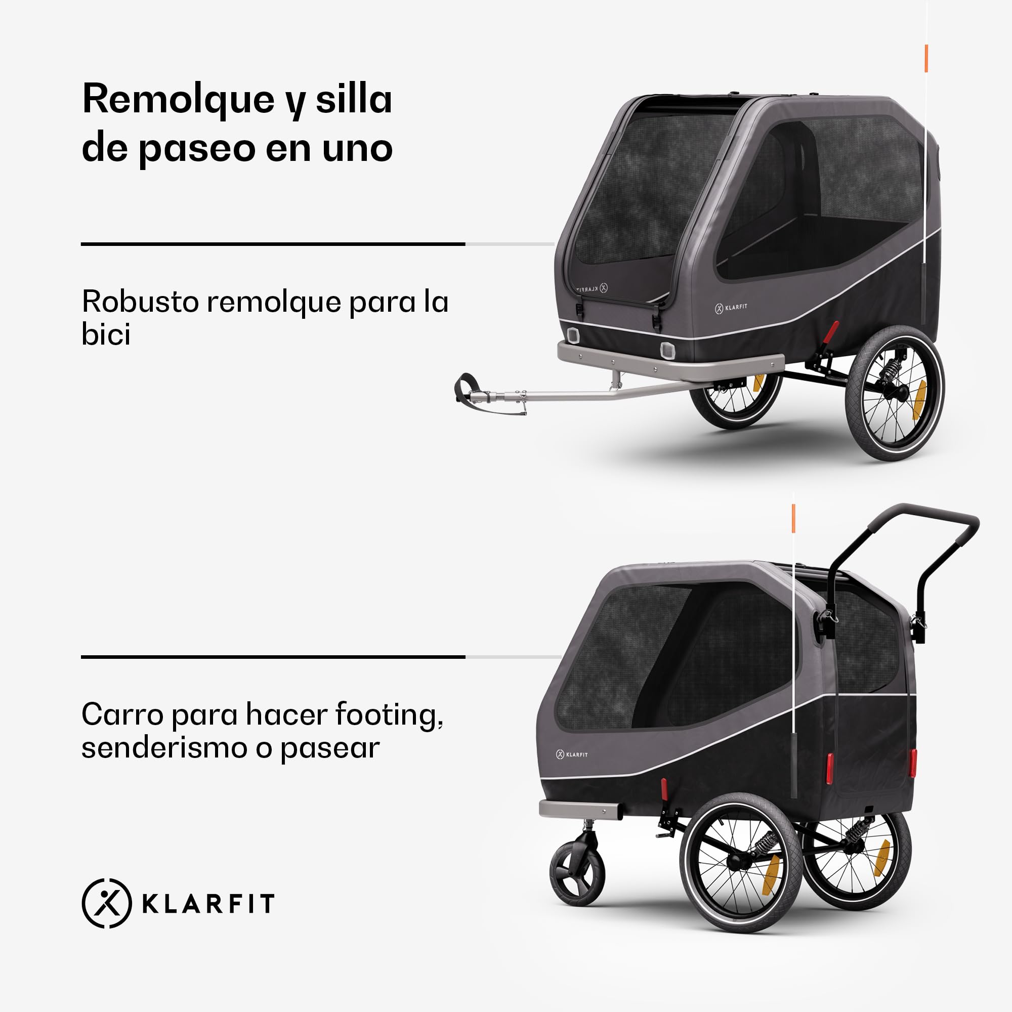 Klarfit Goldie Cochecito Remolque Bicicleta Perros, onvertible en Silla de Paseo, 324L Volumen, Impermeable, Frenos y reflectores Integrados, Carga máxima 40kg, Negro