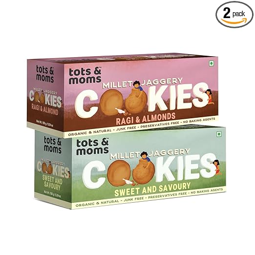 Tots and Moms Foods - Millet & Jaggery Cookies Pack of 2 |Ragi & Almonds| Sweet & Savory | 100% Natural & Healthy Snacks for Kids