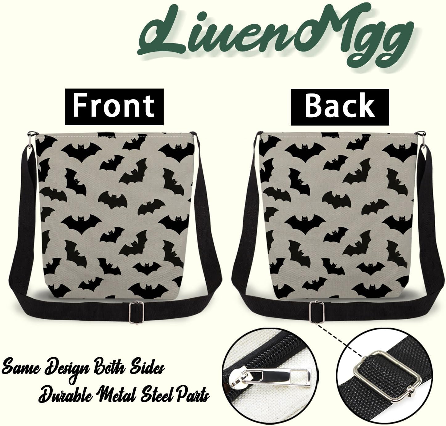Bat Print Canvas Crossbody Bag, Adjustable Strap Lightweight Purse with Top Zipper & Inner Pocket, Daily Shoulder Bag Halloween Present for Women - Image 5