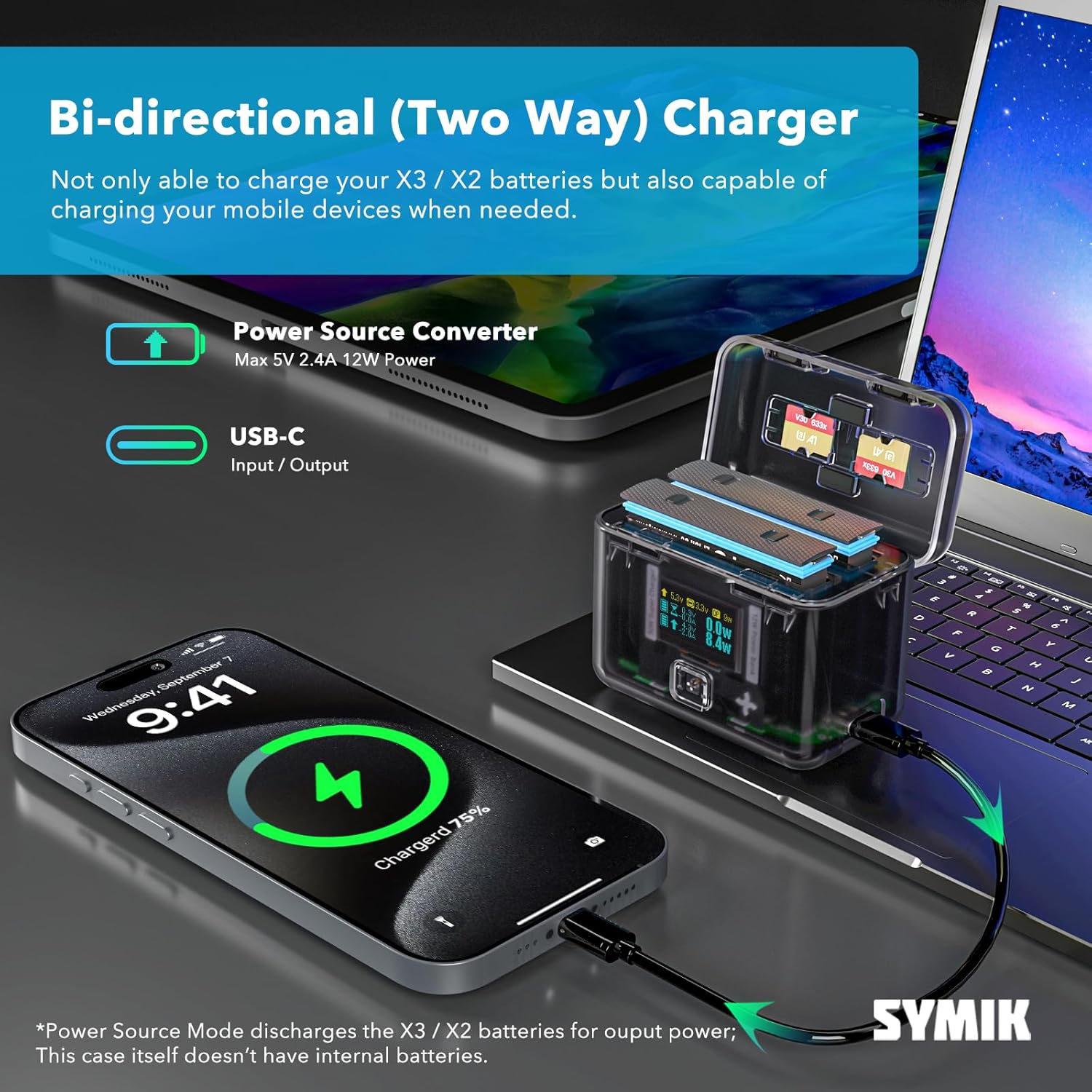 SYMIK Insta 360 X3 Battery Charger for Insta360 X3 Accessory, 30W OLED Screen Intelligent Two Way Charging Case for Insta360 X3 Battery, Fast Charger Compatible with X3 / ONE X2, No Internal Battery