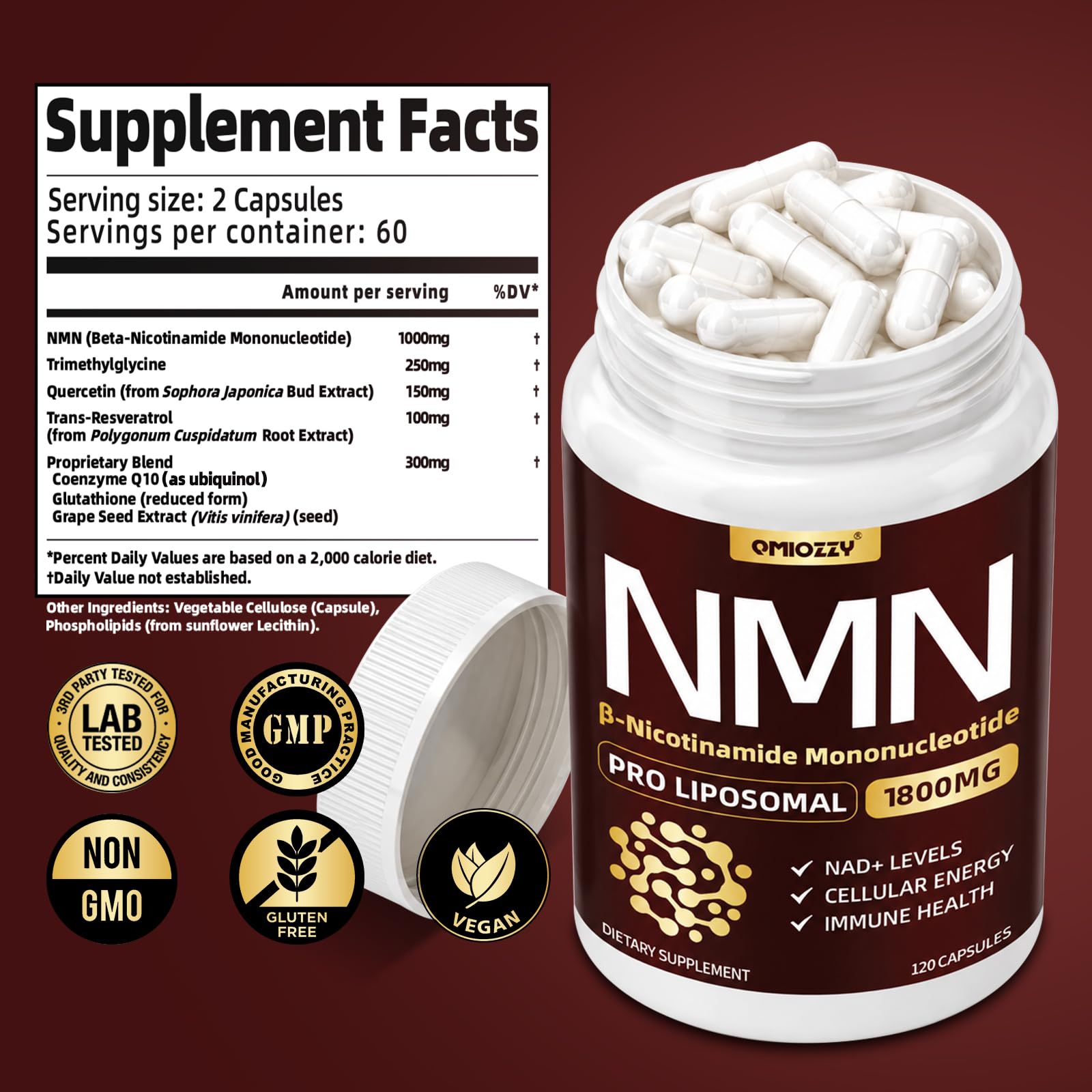 NMN Supplement 1000mg,Liposomal β-Nicotinamide Mononucleotide,120 Capsules — Amazon image 2