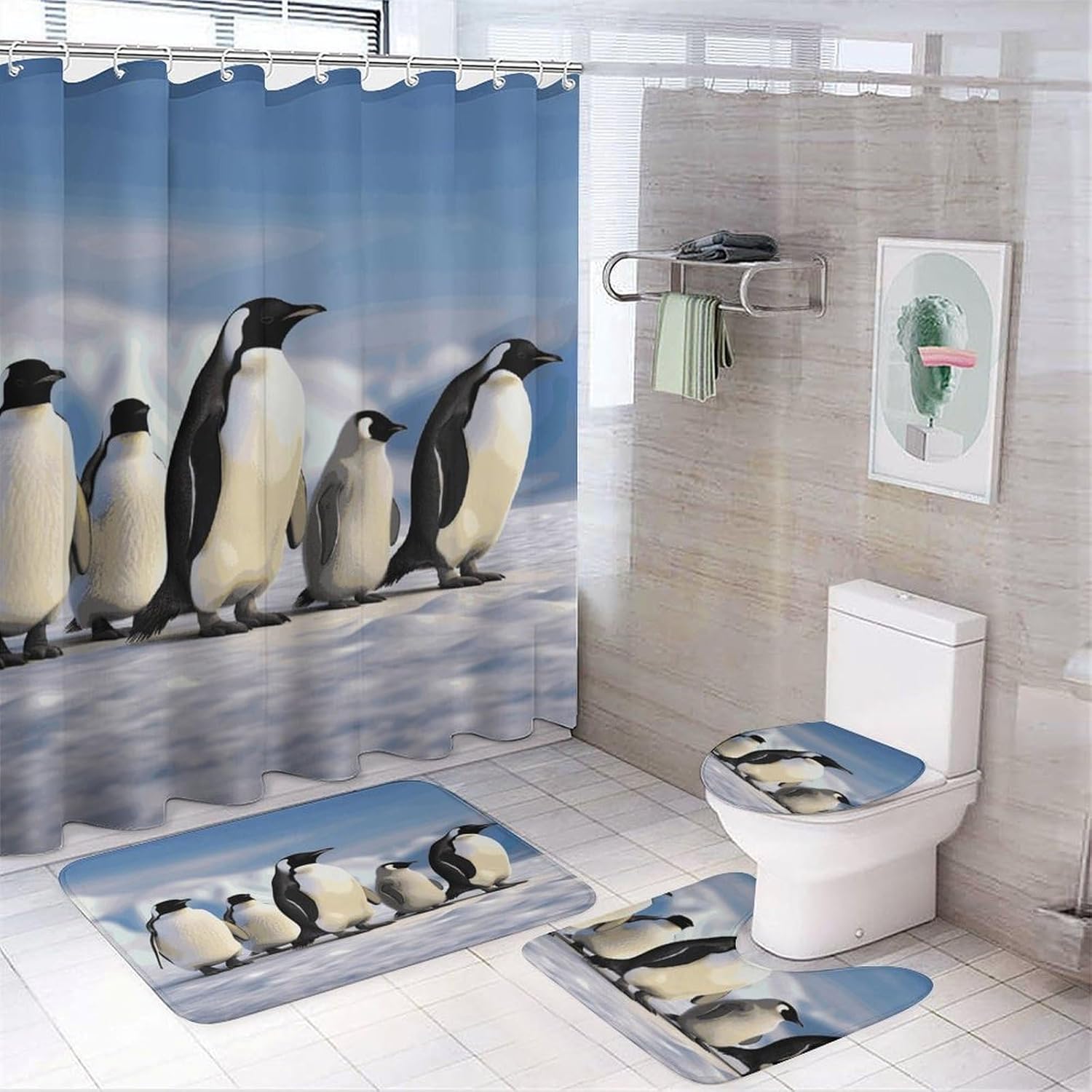 Five Penguins 4Pcs Shower Curtain Set with Non-Slip Rugs, Toilet Lid Cover and Bath Mat,Bathroom Set Decor Accessories,Curtain Set with 12 Hooks, 72 X 72 Inch