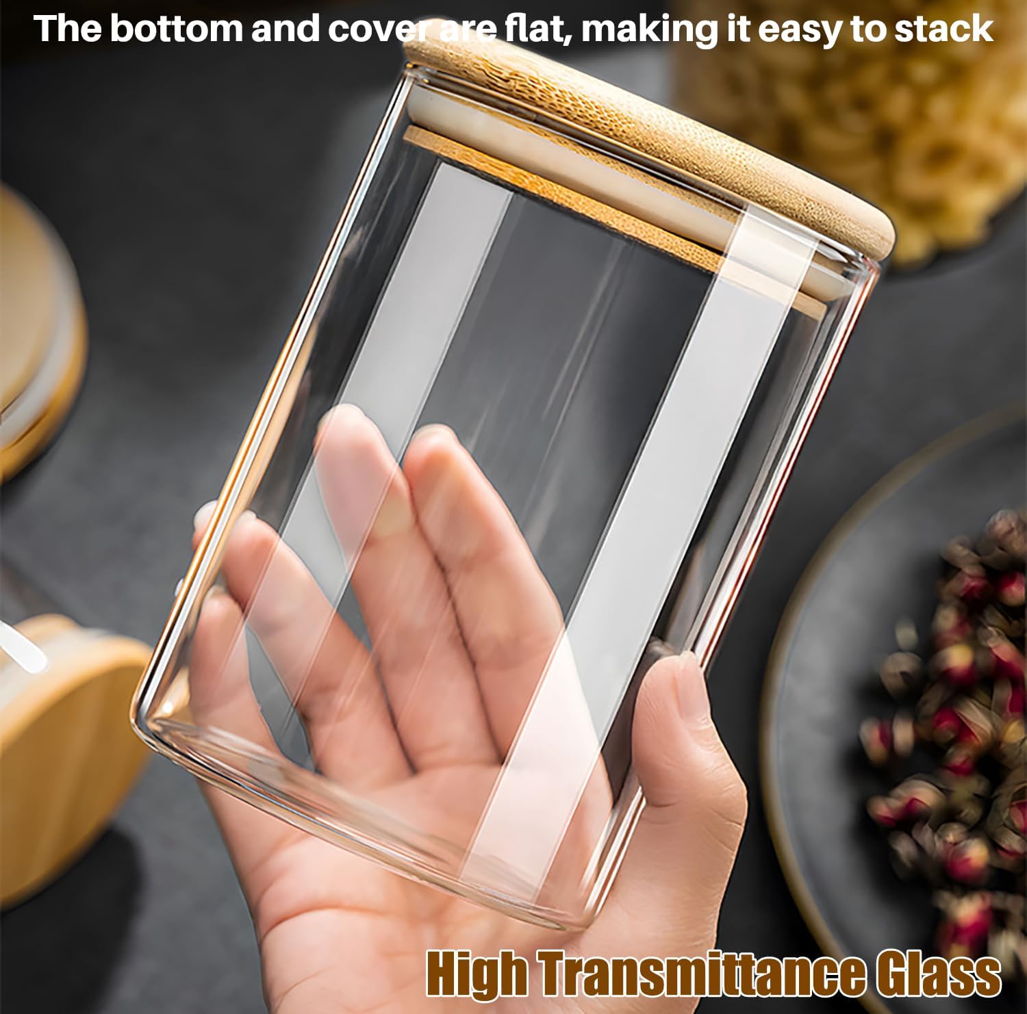 6 Pack Glass Food Storage Jars with Airtight Lids, Clear Glass Jar with Bamboo Lid, Airtight Food Canister for Tea, Candy, Coffee, Sugar, Cookie, Snack. (Square| 5+6 Inch) SET of 3 - Image 7