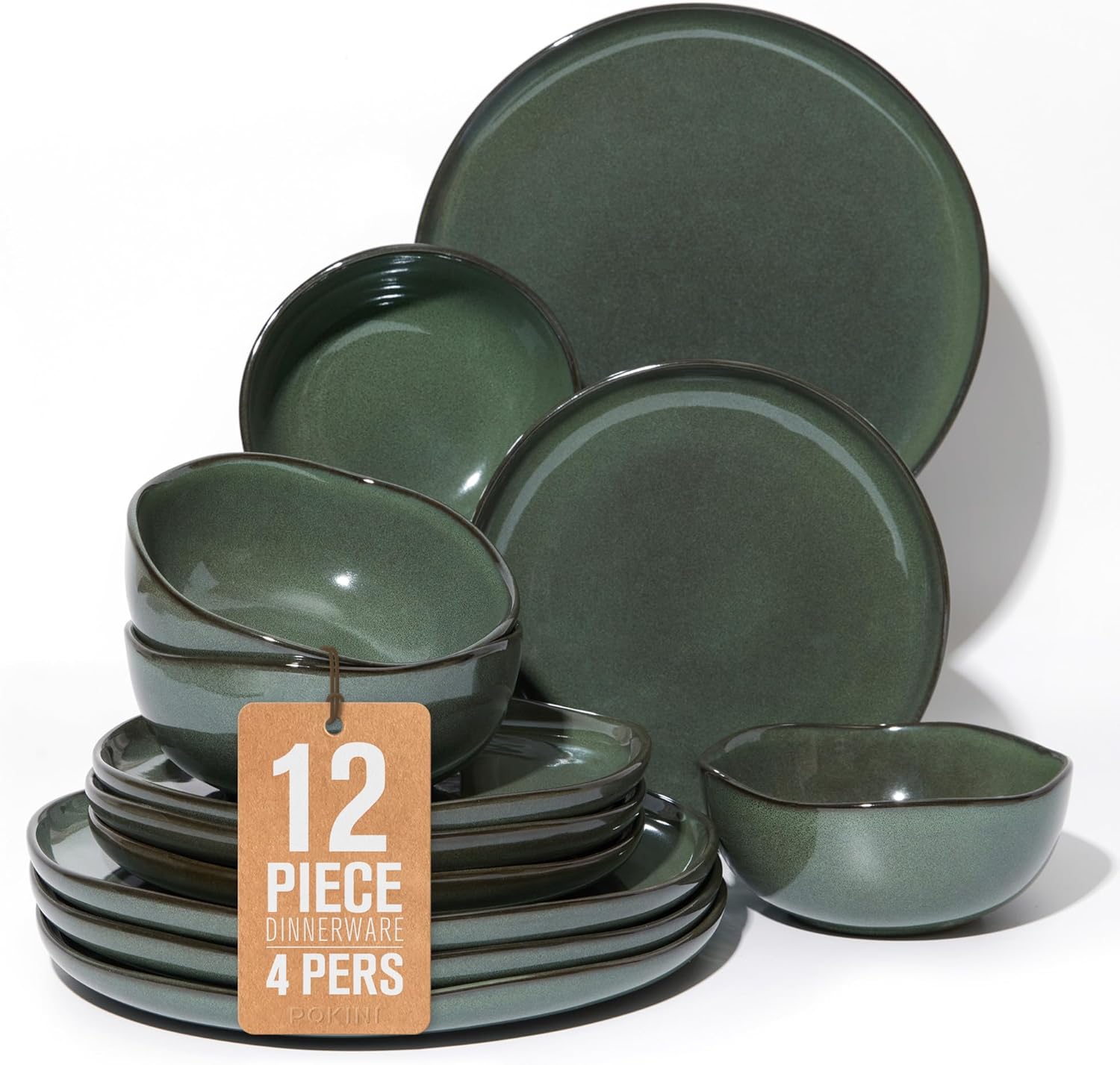 Ceramic Plates and Bowls Set, Everyday Dinnerware Set for 4, Wavy Rim Kitchen Dish Set, Chip Resistant Dishware Sets, Dishwasher Safe Dinner Set, Designed for Simple Meals, Forest Green