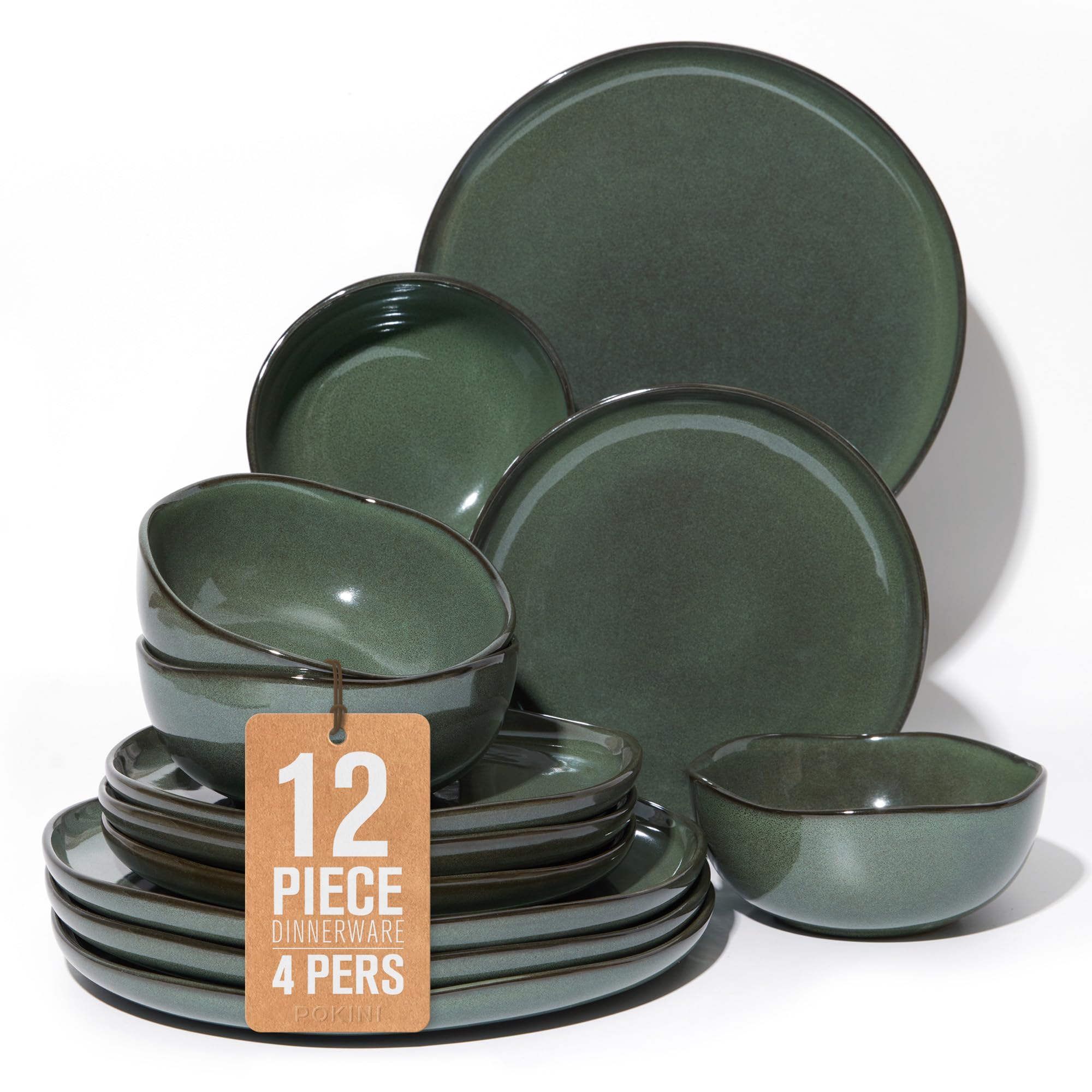Pokini Ceramic Plates and Bowls Set, Everyday Dinnerware Set for 4, Wavy Rim Kitchen Dish Set, Chip Resistant Dishware Sets, Dishwasher Safe Dinner Set, Designed for Simple Meals, Forest Green