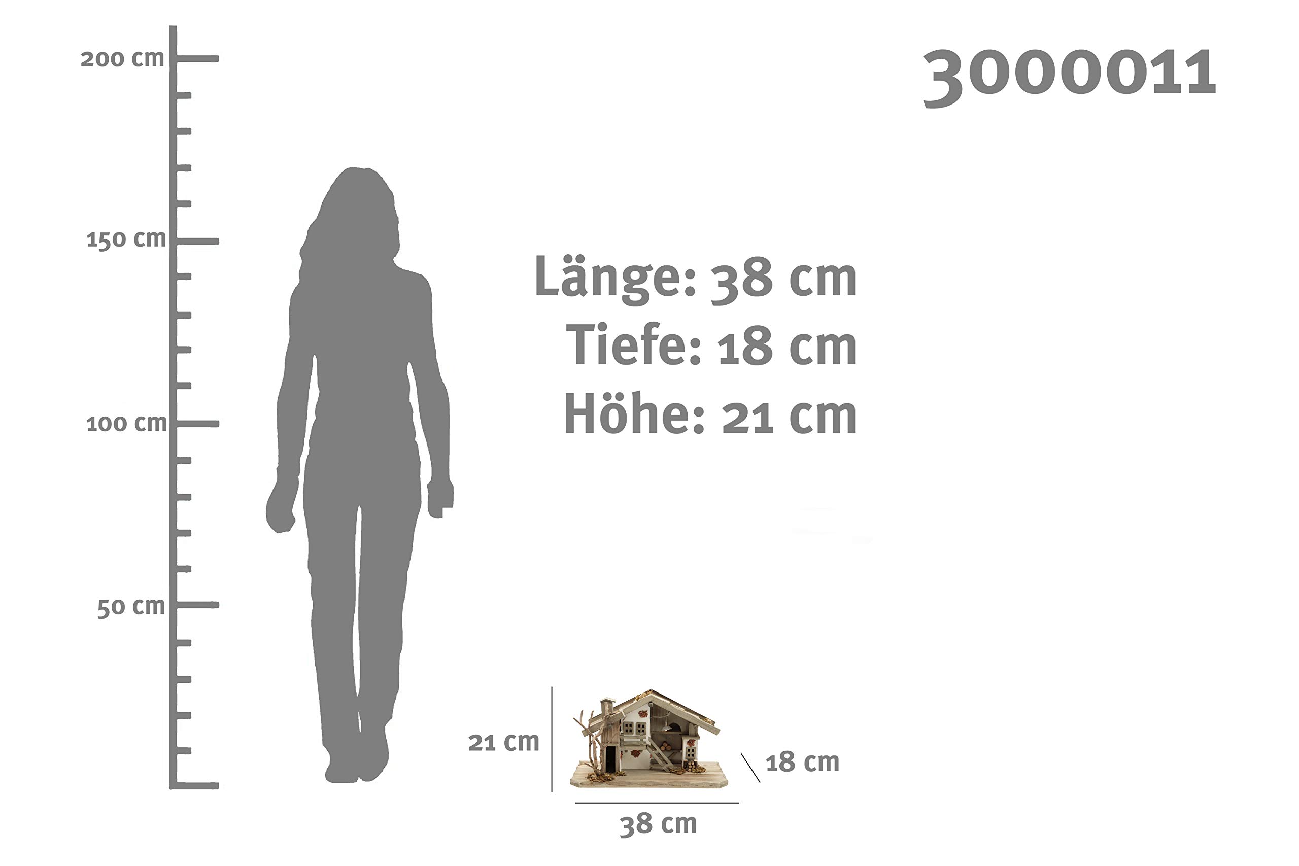 ELLUG Holz Krippenstall, Weihnachtskrippe mit Licht 38 * 18 * 21cm (OHNE Krippenfiguren)