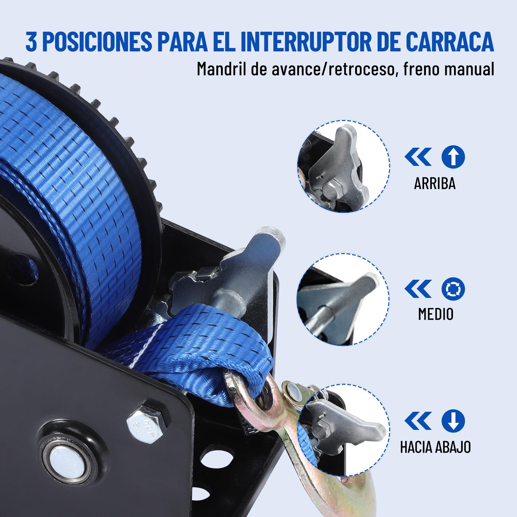 Pindex Cabrestante para barco con correa de 10 m, 800 kg, con antirretroceso | Con gancho de carga, palanca de bloqueo, tornillo, tuerca y arandela, para taller, garaje, remolque, dinghi, madera