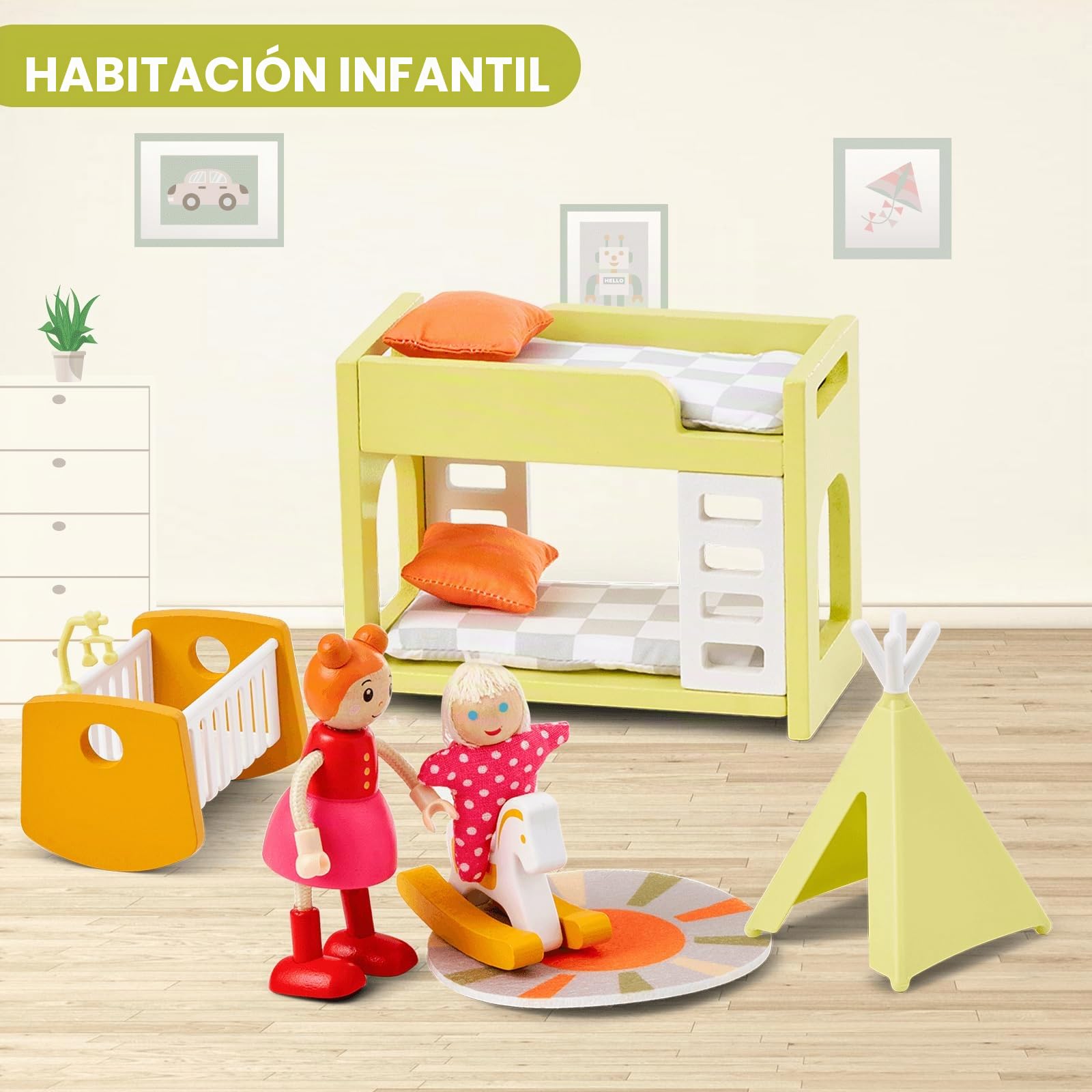 Juego de Muebles para Casa de Muñecas de Madera, 85 Piezas, Casa de Muñecas Moderna con 6 Habitaciones, Accesorios para Muñecas, Juguete para Niños, Niñas y Niños Pequeños de 3+ Años