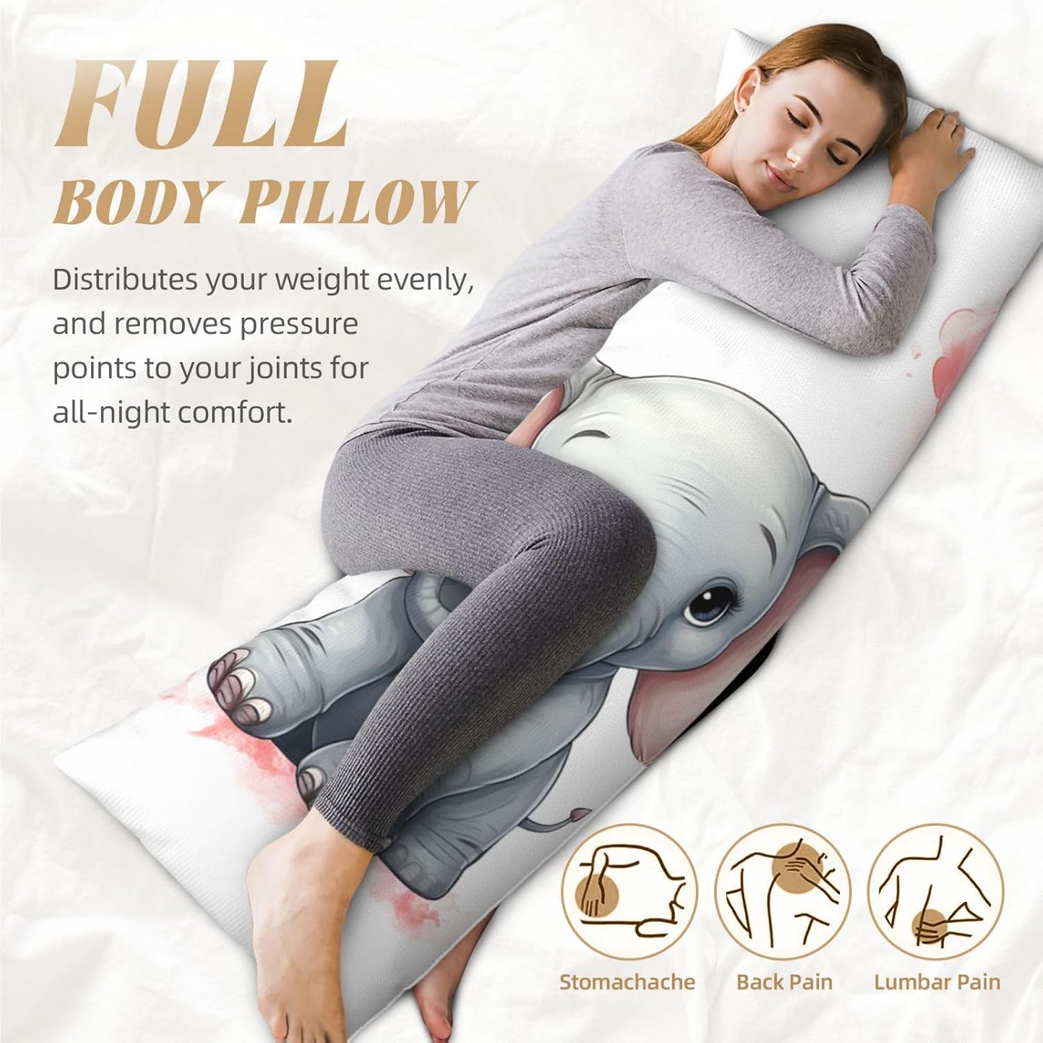 Cute Cartoon Elephant Hold Heart Body Pillow Cover Ultra Soft Body Pillowcase with Hidden Zipper Long Pillow Cover Breathable Pillow Case 20" x 60" Decorative Throw Pillow Cover for Bedroom Couch