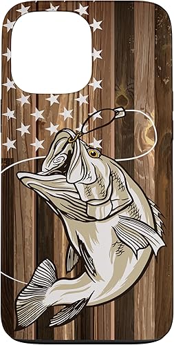 Funda de madera para iPhone 13 Pro Max Pesca con bandera estadounidense de Estados Unidos