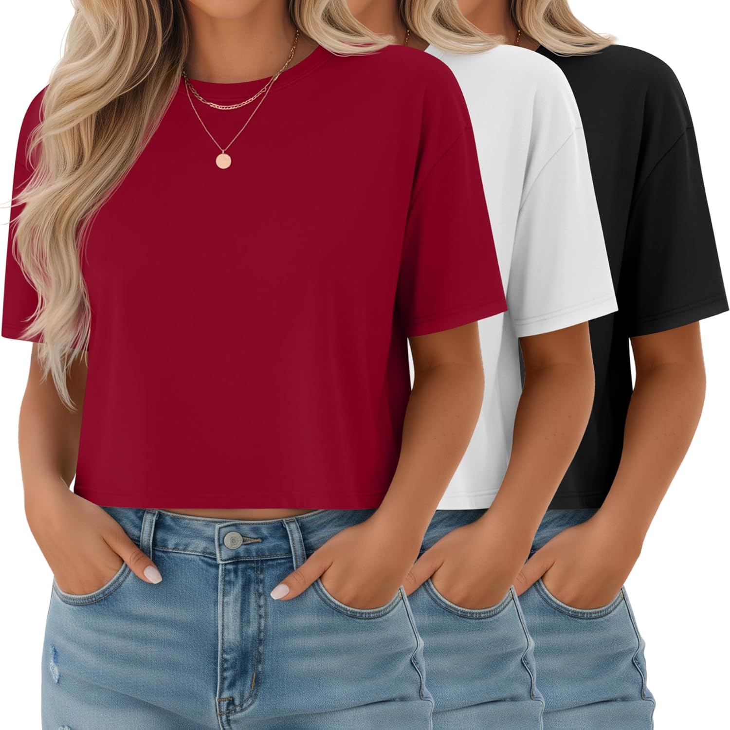 Ficerd 3 Pack Women Crop Tops Half Sleeve Cropped T Shirts Casual Crew Neck Drop Shoulder Loose Summer Solid Color