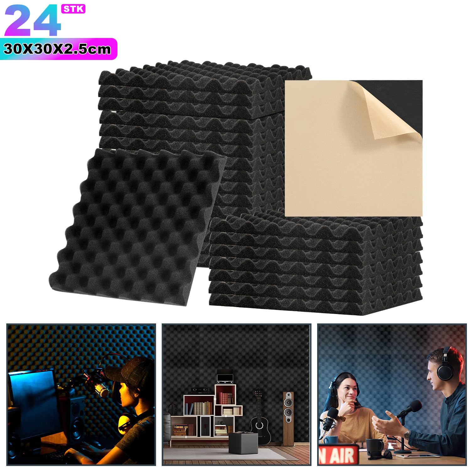 Sonnewelt 24 pannelli fonoassorbenti, 2,5 x 30 x 30 cm, in schiuma fonoassorbente, isolamento acustico, pannelli acustici per studio di registrazione, podcast, gaming, decorazione a onde