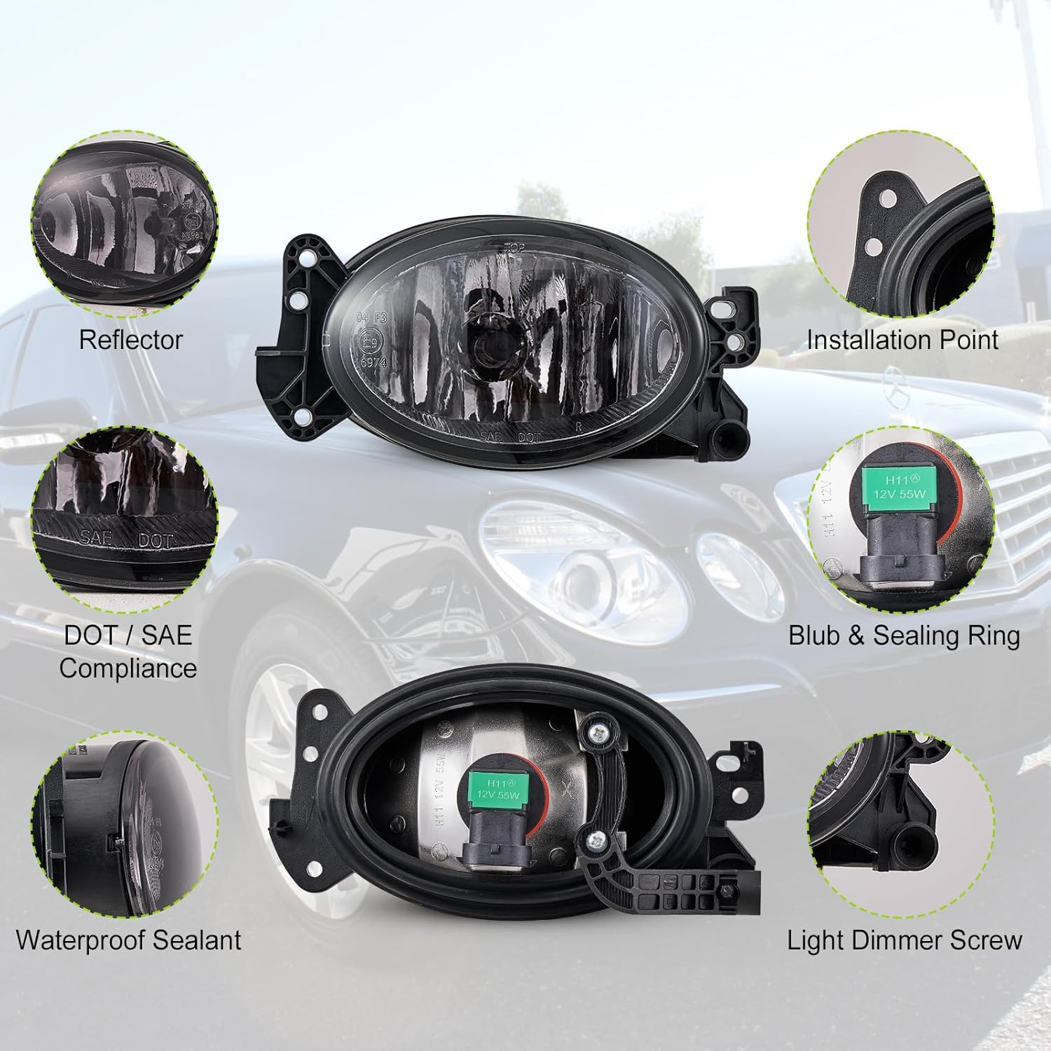 Fog Lights for 2006-2015 Mercedes-Benz C250 C350 CLS500 E320 E350 E550 G550 G55/G63/G65/R63/SL55 AMG GL320 GL450 GL550 ML320 ML350 ML450 ML550 R320 R500 SL500 SL600 2Pcs Smoke glass