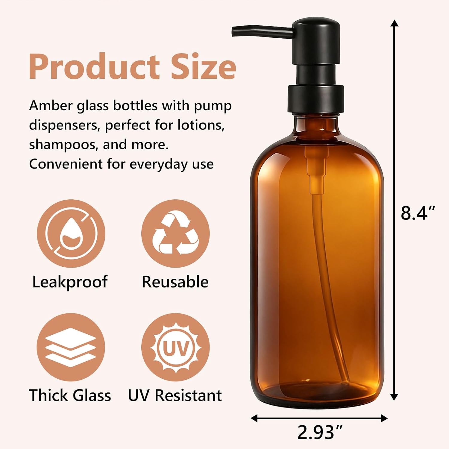15 Pack Amber Glass Bottles 16oz with Pump Dispensers,Refillable Pump Bottles for Shampoo, Dish Soap, Hand Soap, Lotion