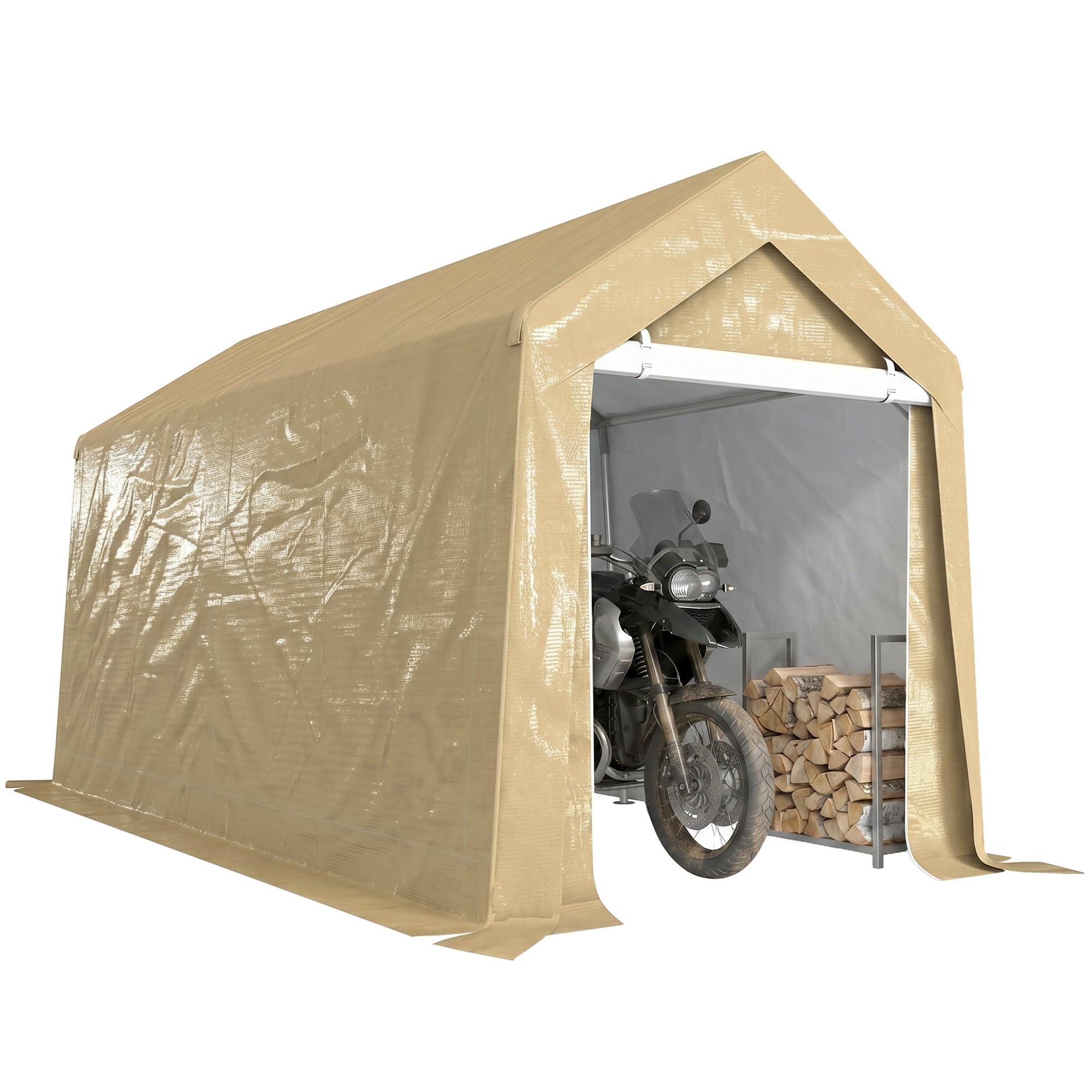 Outsunny Abri de Jardin, Tente de Stockage, 2 x 3,6 m, bâche PE 200 g/m² imperméable et Anti-UV, Cadre en Acier galvanisé et Grande Porte, abri de vélo Garage pour extérieur, Beige