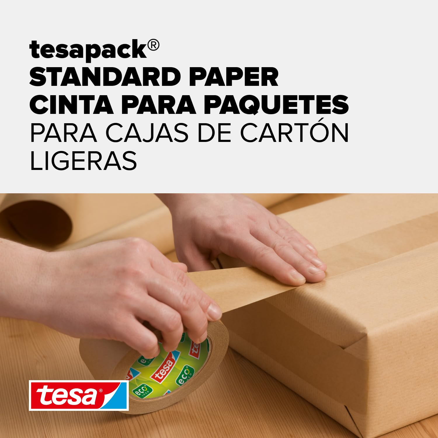 tesa tesapack STANDARD PAPER - Cinta de embalaje de papel - 56% de materiales renovables - Rasgable a mano - Cinta de embalaje para paquetes ligeros - Marrón - 50 m x 50 mm