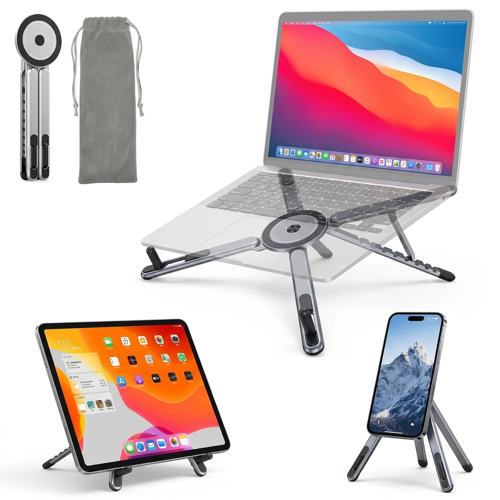 VVGAOGES 3-in-1 Foldable Laptop, Tablet & Phone Stand – Portable Aluminium Magnetic Holder with 8-Level Height Adjustment, Ideal for Office & Travel (Silver)