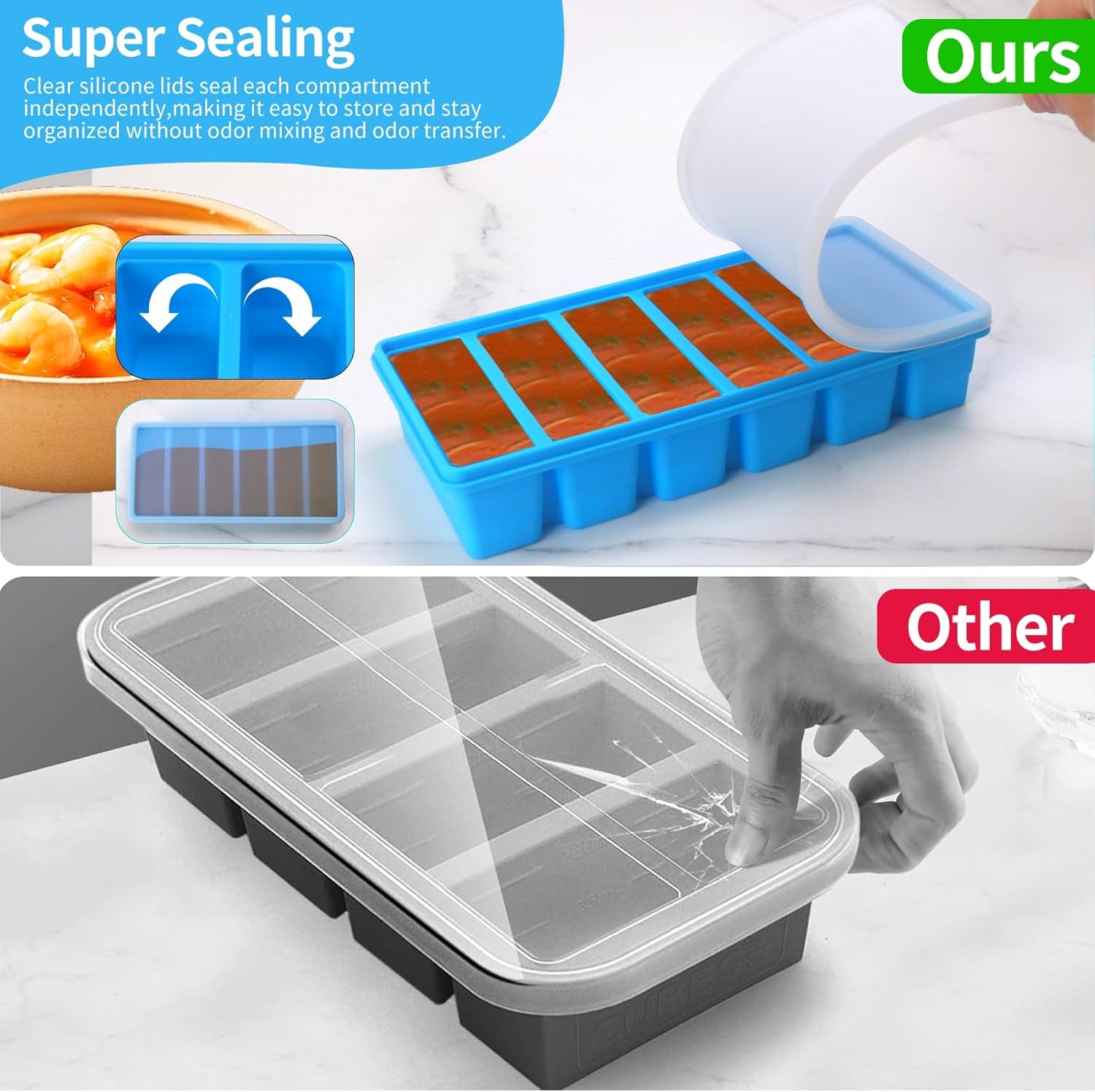 1/2 Cup Silicone Freezer Tray With Lid - Silicone Freezer Molds 4 Pack For meal prep & freezing of various sauces and other dishes, makes 24 perfect 1/2 cup portions cubes (Blue 4 Pack)