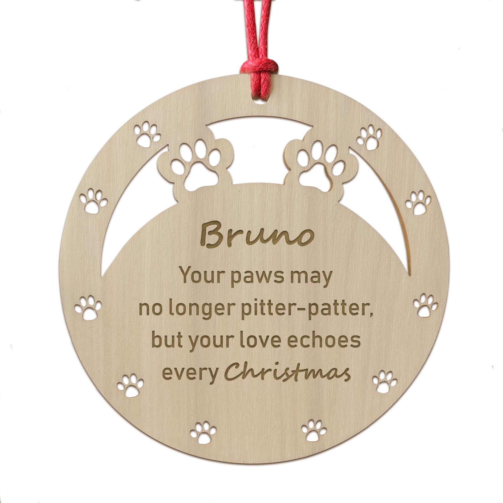 Red Ocean Personalised Pet Memorial Christmas Tree Bauble Decoration, Pet Memorial Gifts Loss of Pet, Dog Memorial Christmas Tree Decorations, Wood Engraved Bauble Decoration (Pitter Patter)