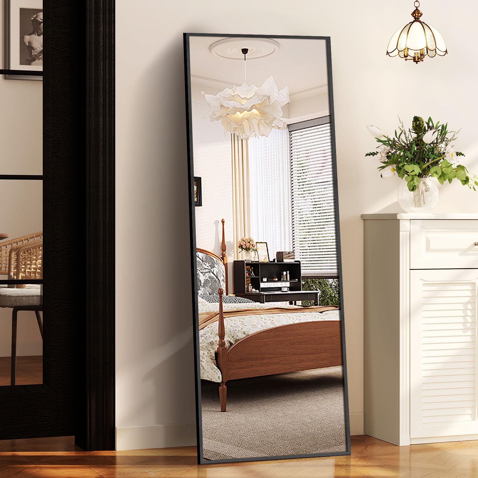 Floor Length Mirror with Stand, Thin Aluminum Alloy Frame, 57"x20" Full Body Mirror for Bedroom, Living Room, Cloakroom and Dressing Room, Black